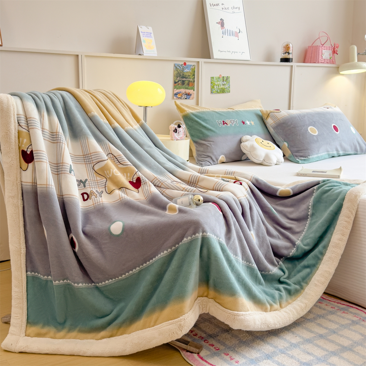 91家纺网 家纺一手货源 找家纺 慕木家纺 2025新款高克重印花牛奶绒云锦绒双层毛毯毛毯毯子（可供跨境提供买家秀） 双层毛毯-快乐时光+白