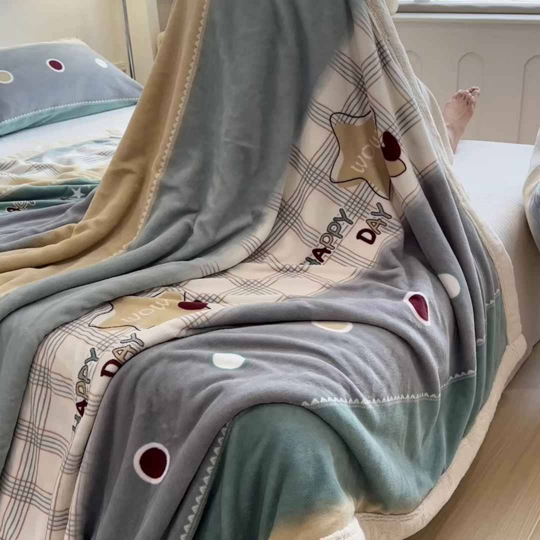 91家纺网 家纺一手货源 找家纺 慕木家纺 2025新款高克重印花牛奶绒云锦绒双层毛毯毛毯毯子（可供跨境提供买家秀） 双层毛毯-快乐时光+白