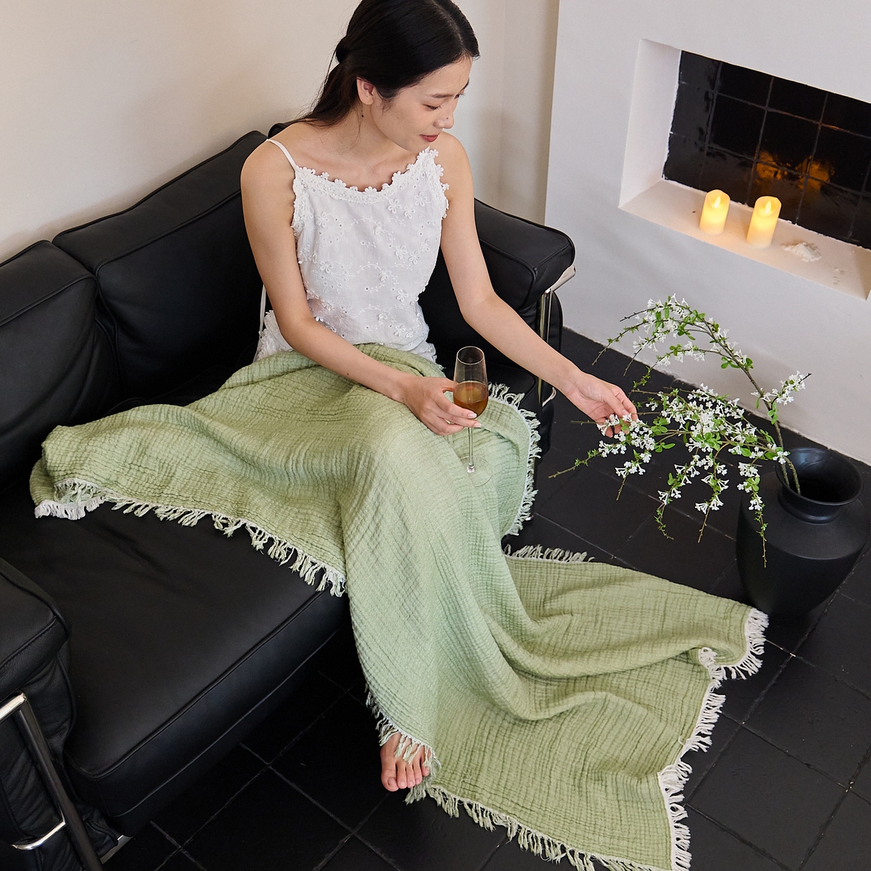 91家纺网 家纺一手货源 找家纺 沐瑟家纺 2025新款四层全棉纱布流苏毯系列-浪漫 浪漫-果绿