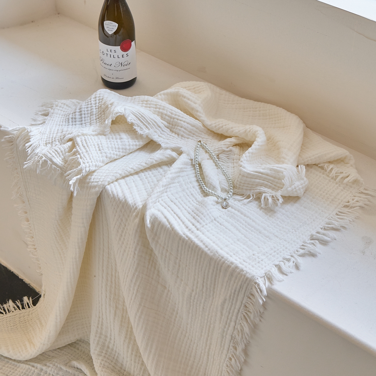 91家纺网 家纺一手货源 找家纺 沐瑟家纺 2025新款四层全棉纱布流苏毯系列-浪漫 浪漫-月白