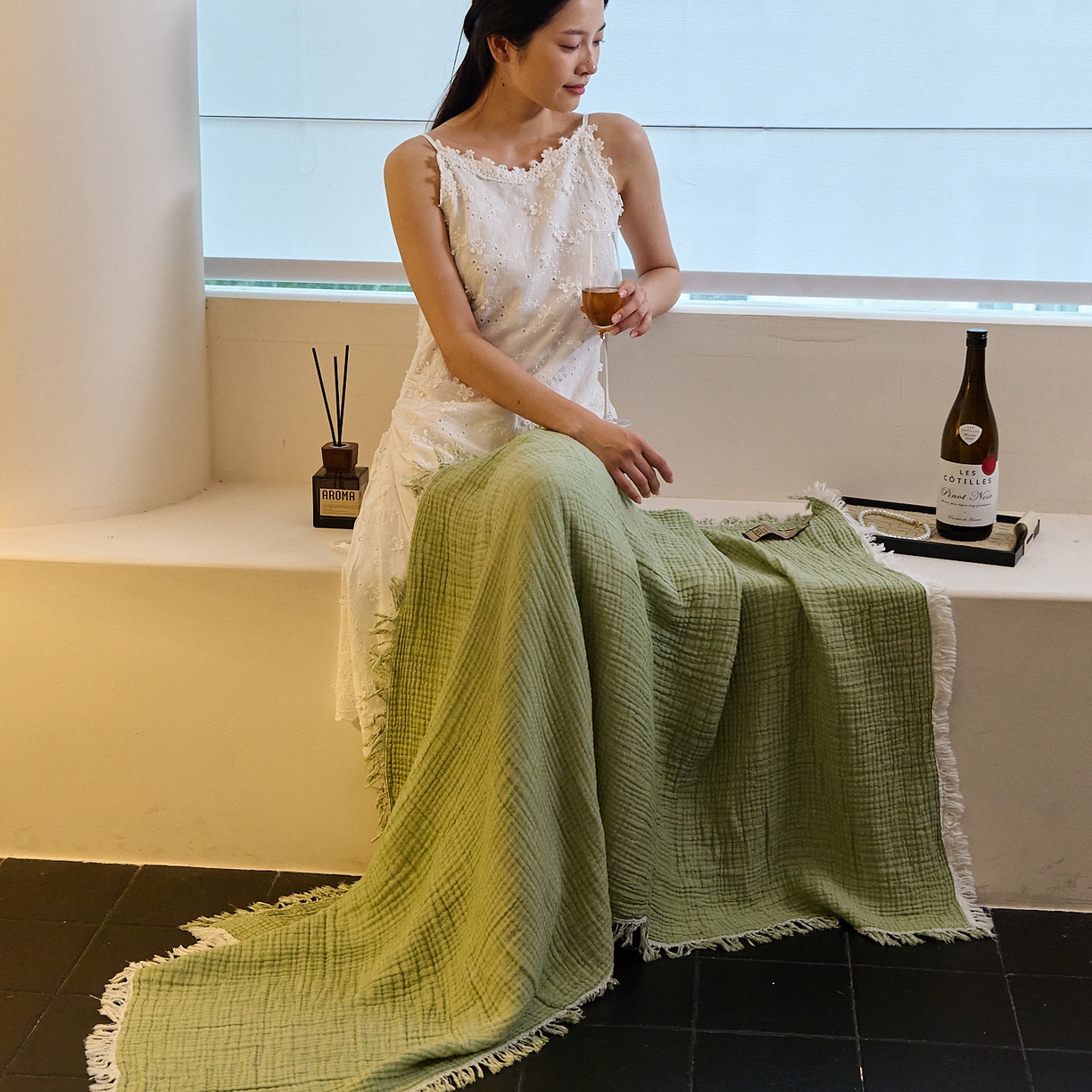 91家纺网 家纺一手货源 找家纺 沐瑟家纺 2025新款四层全棉纱布流苏毯系列-浪漫 浪漫-果绿