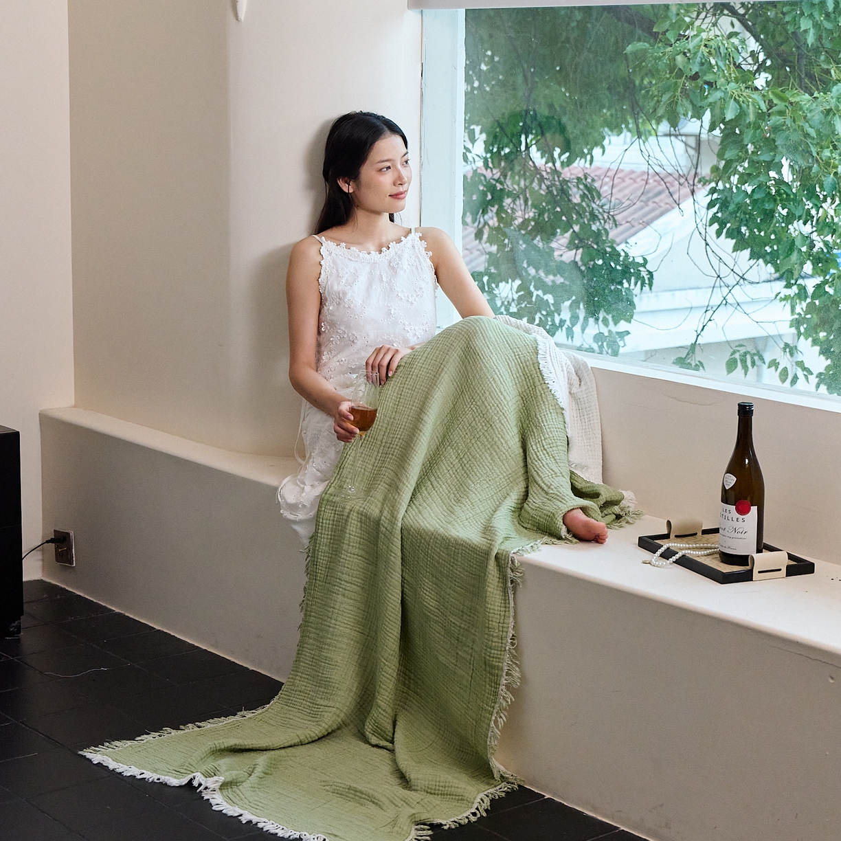 91家纺网 家纺一手货源 找家纺 沐瑟家纺 2025新款四层全棉纱布流苏毯系列-浪漫 浪漫-果绿