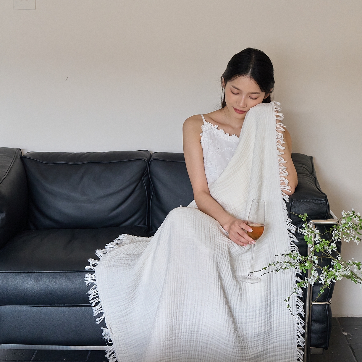 91家纺网 家纺一手货源 找家纺 沐瑟家纺 2025新款四层全棉纱布流苏毯系列-浪漫 浪漫-月白