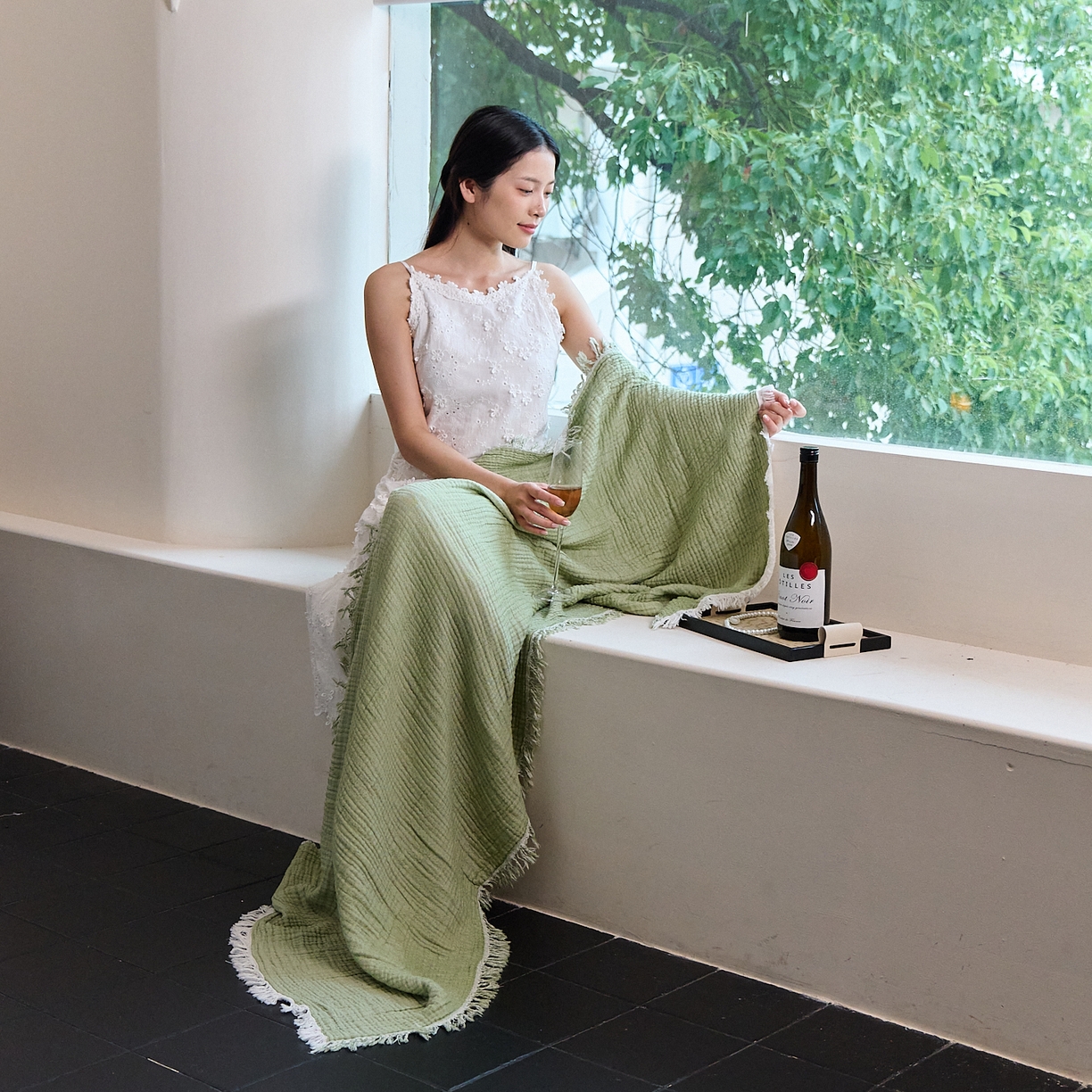 91家纺网 家纺一手货源 找家纺 沐瑟家纺 2025新款四层全棉纱布流苏毯系列-浪漫 浪漫-果绿