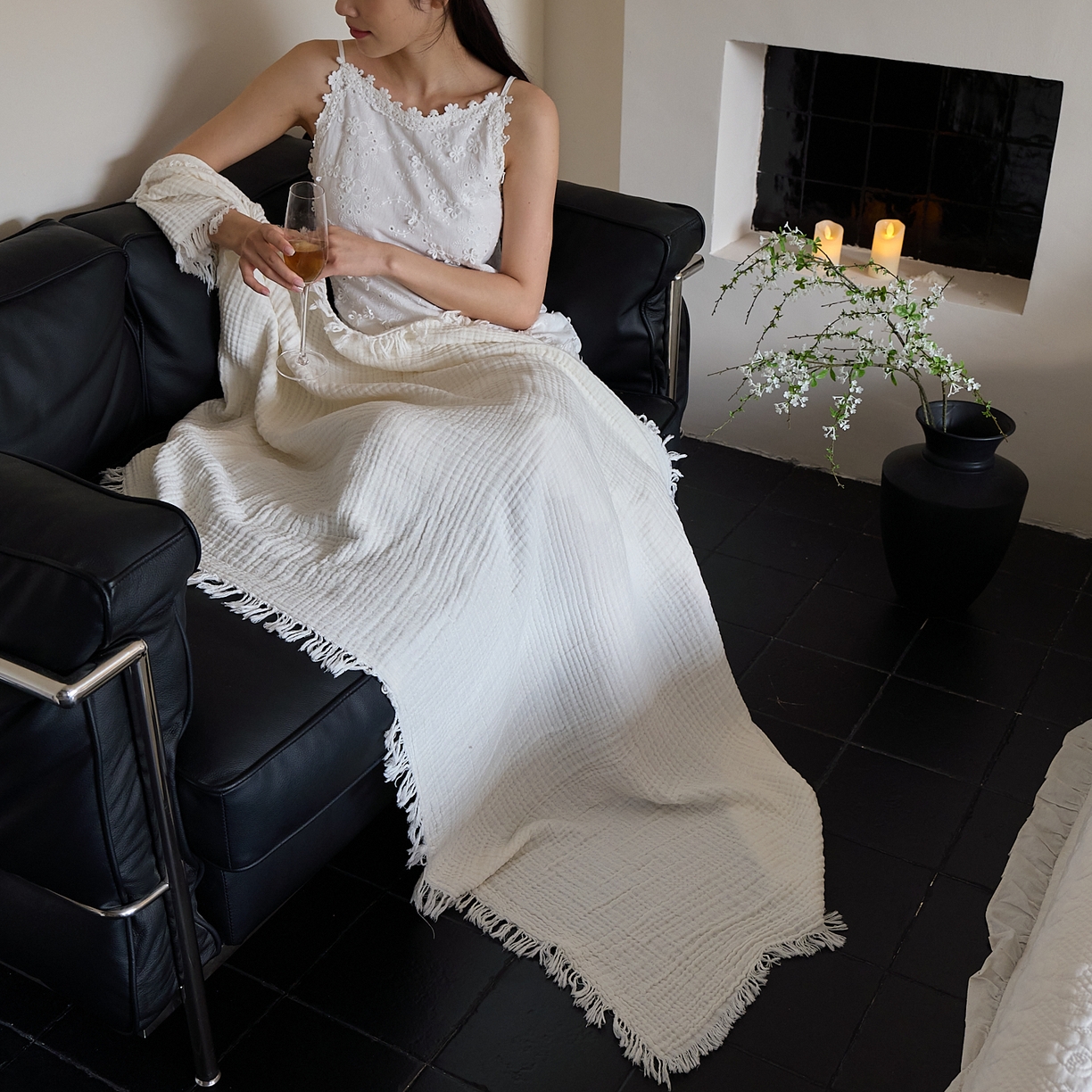 91家纺网 家纺一手货源 找家纺 沐瑟家纺 2025新款四层全棉纱布流苏毯系列-浪漫 浪漫-月白