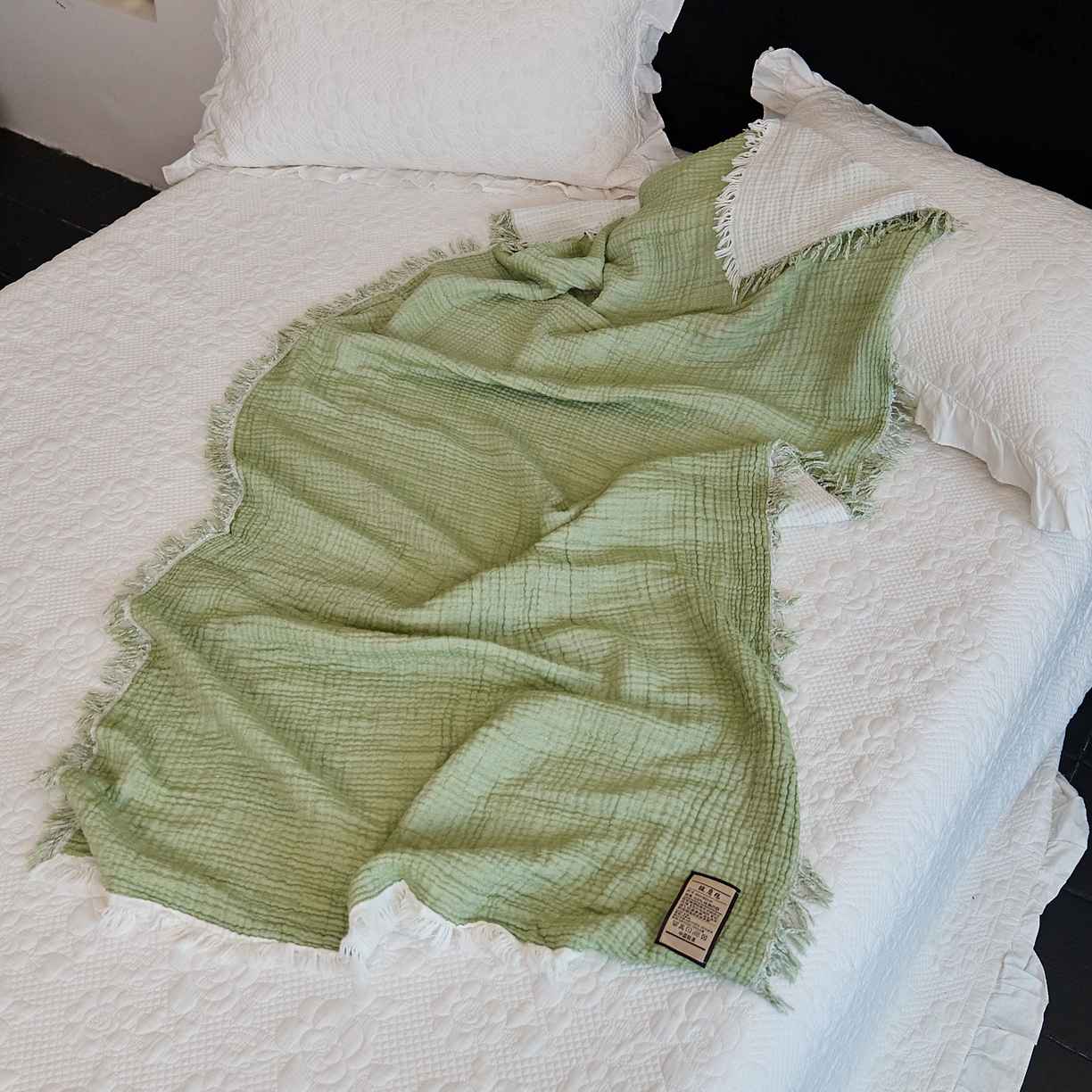 91家纺网 家纺一手货源 找家纺 沐瑟家纺 2025新款四层全棉纱布流苏毯系列-浪漫 浪漫-果绿