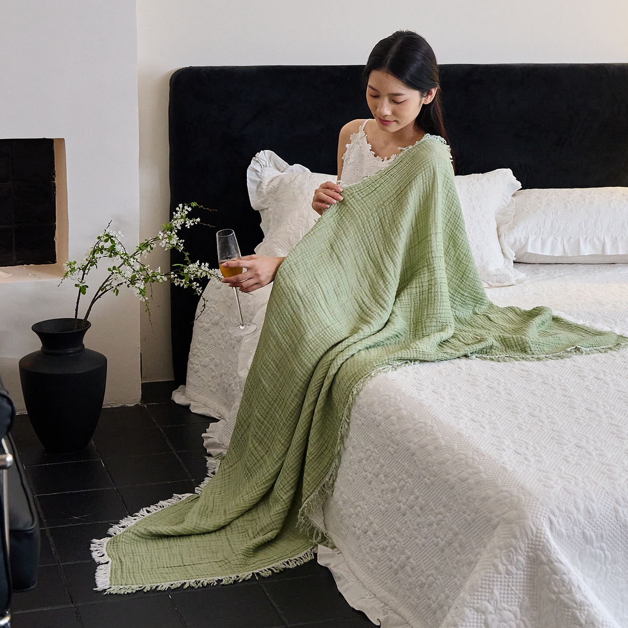 91家纺网 家纺一手货源 找家纺 沐瑟家纺 2025新款四层全棉纱布流苏毯系列-浪漫 浪漫-果绿