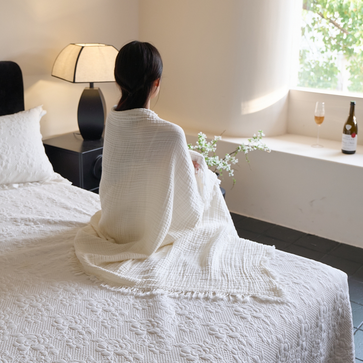 91家纺网 家纺一手货源 找家纺 沐瑟家纺 2025新款四层全棉纱布流苏毯系列-浪漫 浪漫-月白