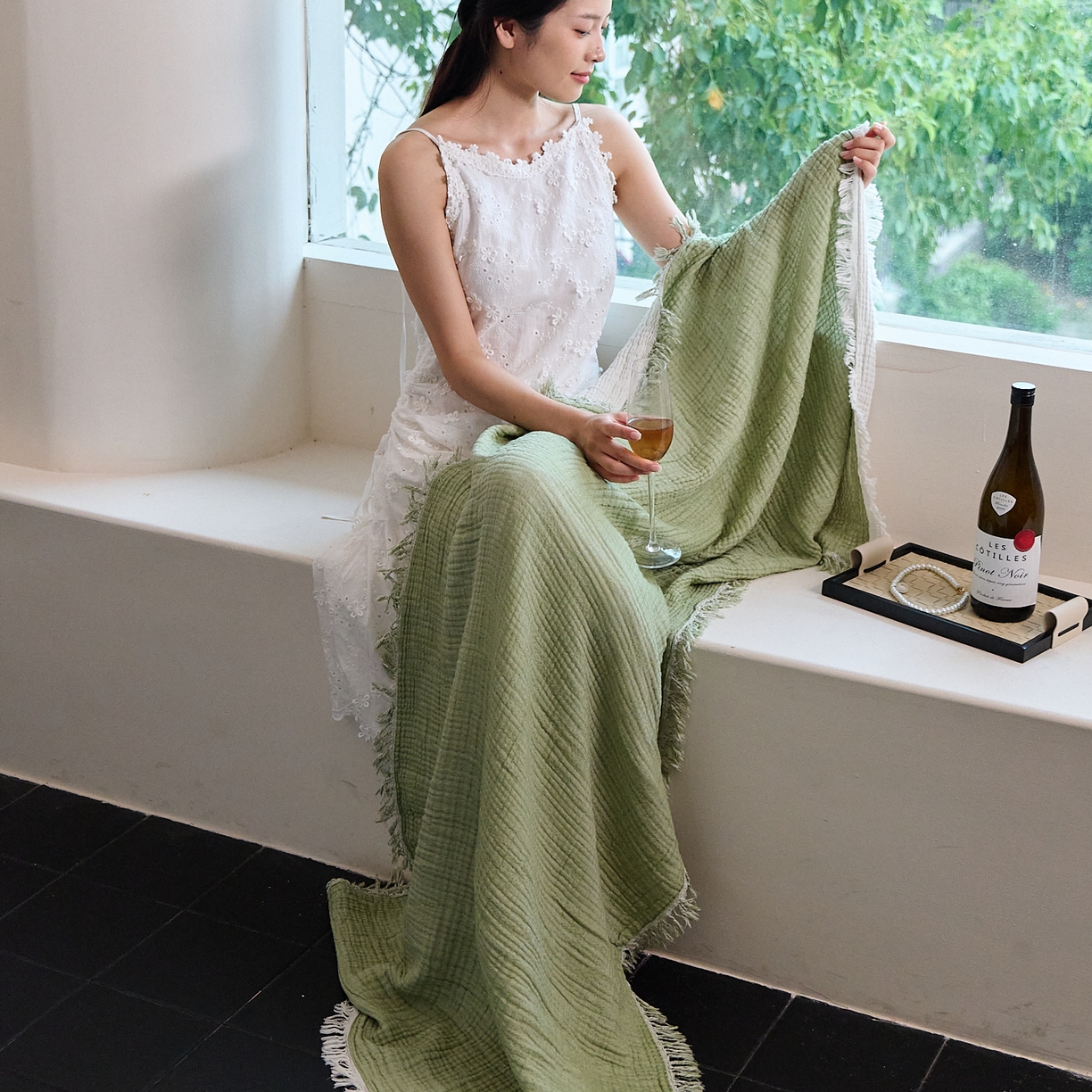 91家纺网 家纺一手货源 找家纺 沐瑟家纺 2025新款四层全棉纱布流苏毯系列-浪漫 浪漫-果绿