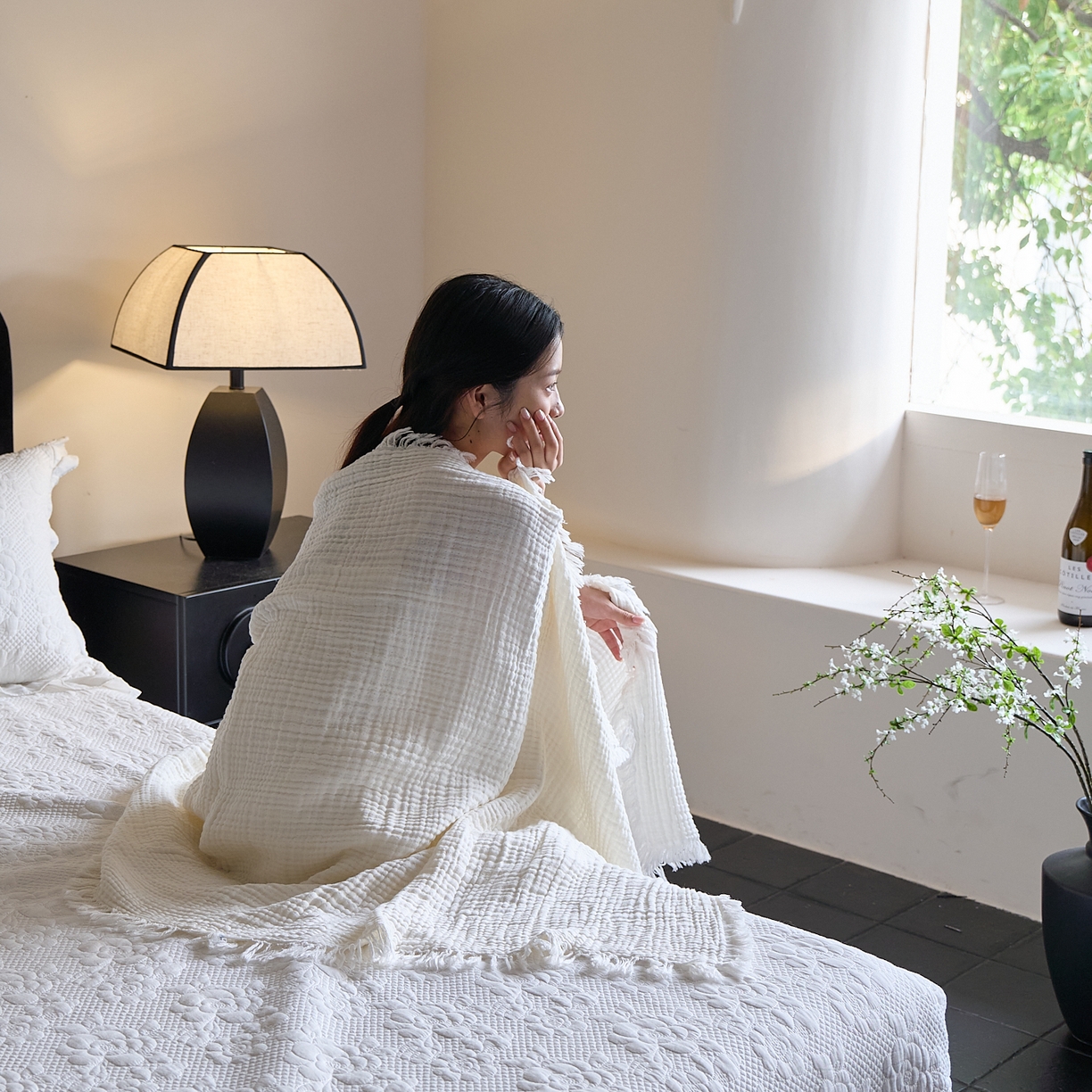 91家纺网 家纺一手货源 找家纺 沐瑟家纺 2025新款四层全棉纱布流苏毯系列-浪漫 浪漫-月白