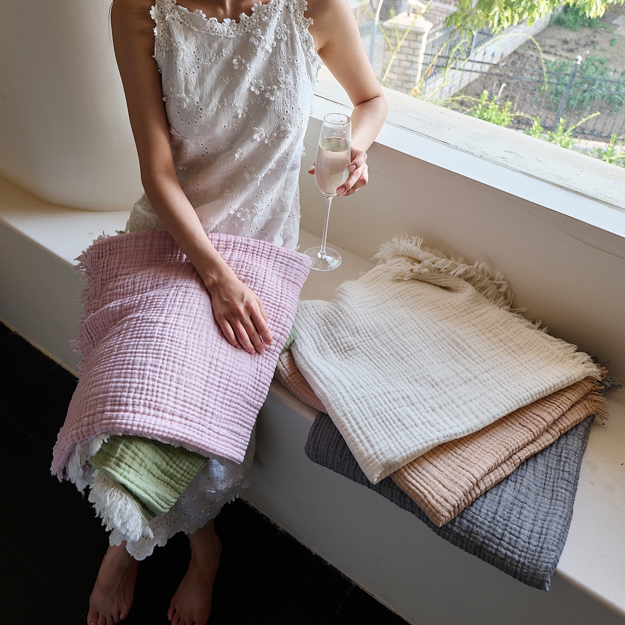 91家纺网 家纺一手货源 找家纺 （总）沐瑟家纺 2025新款四层全棉纱布流苏毯系列-浪漫