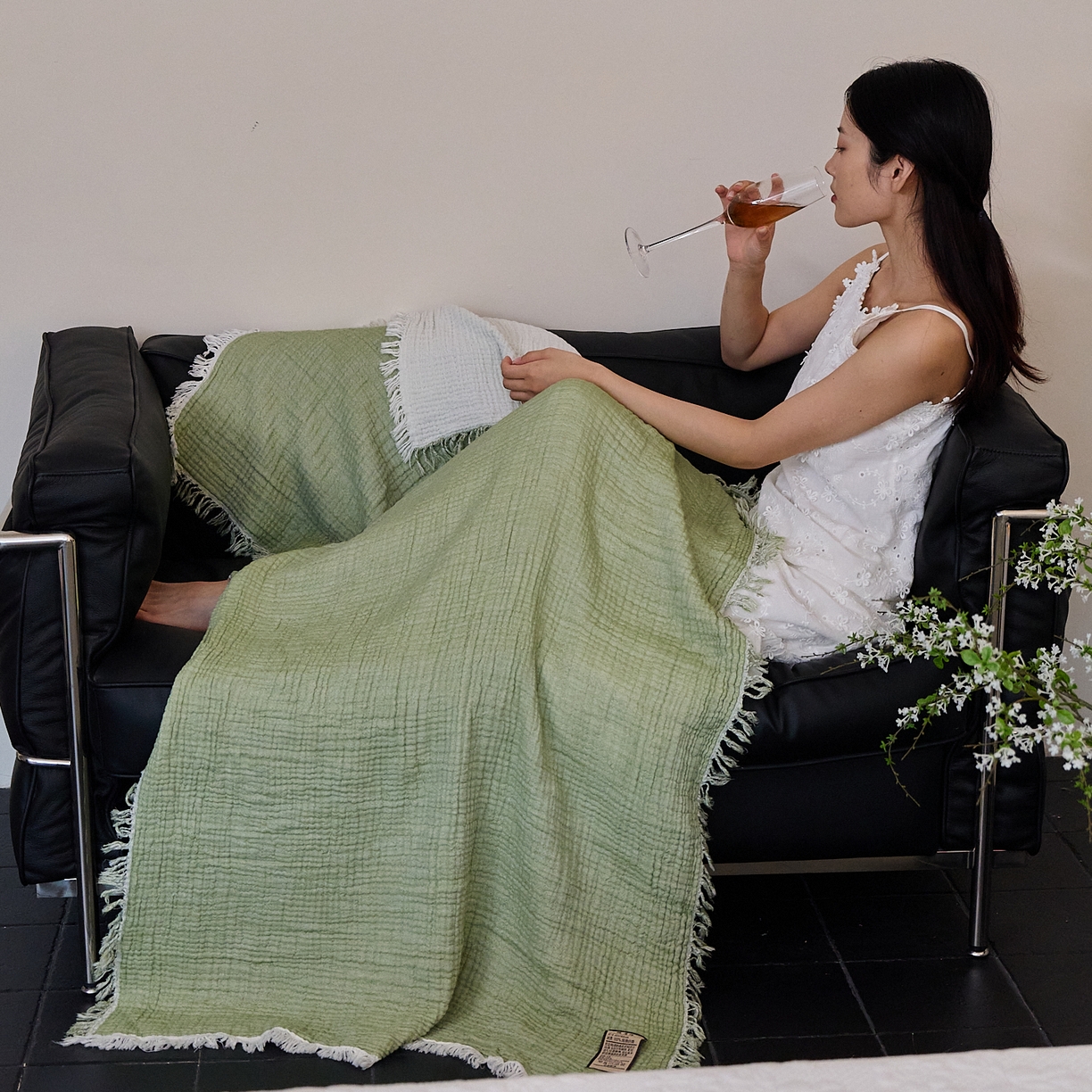 91家纺网 家纺一手货源 找家纺 沐瑟家纺 2025新款四层全棉纱布流苏毯系列-浪漫 浪漫-果绿