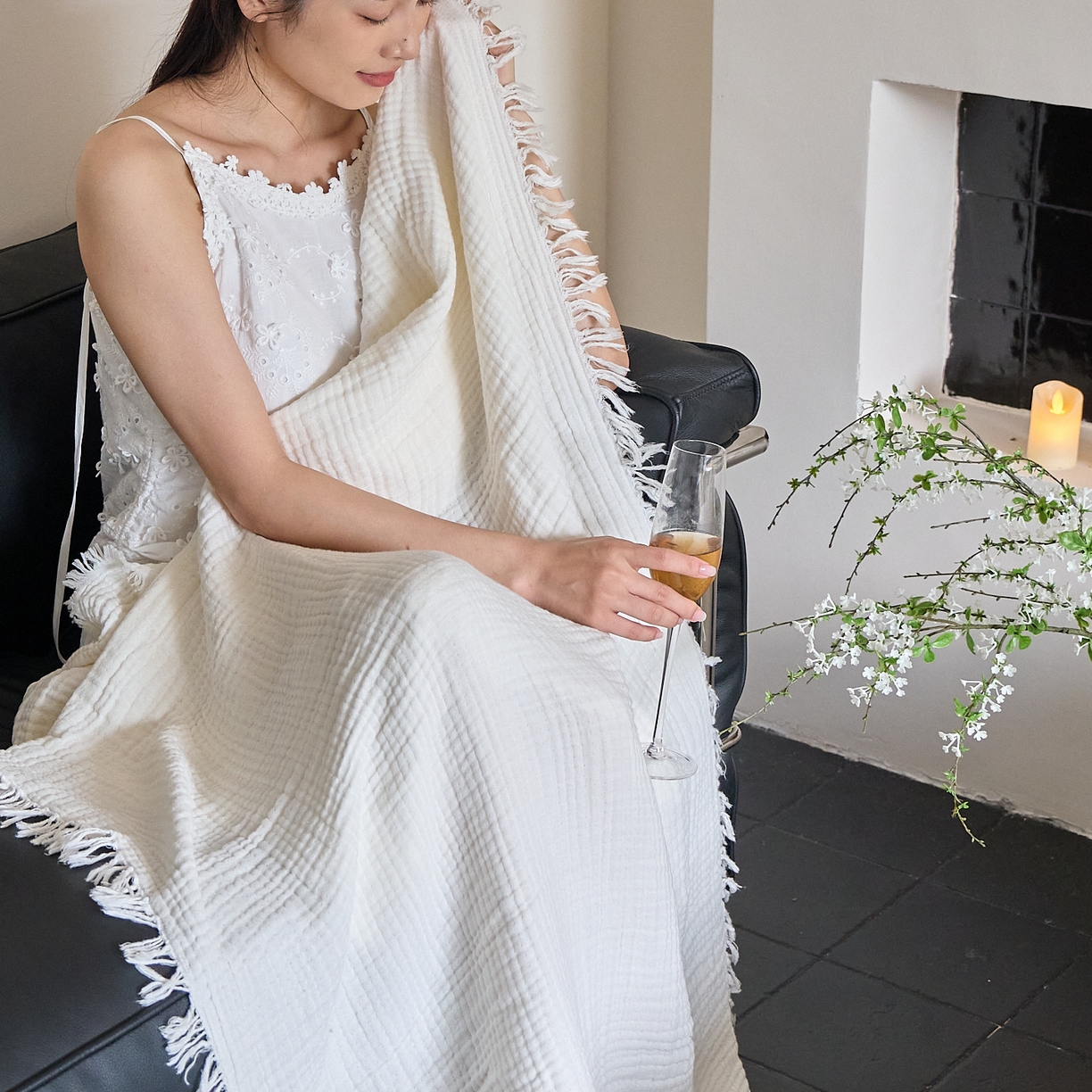 91家纺网 家纺一手货源 找家纺 沐瑟家纺 2025新款四层全棉纱布流苏毯系列-浪漫 浪漫-月白