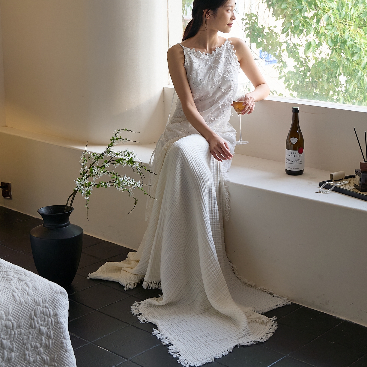 91家纺网 家纺一手货源 找家纺 沐瑟家纺 2025新款四层全棉纱布流苏毯系列-浪漫 浪漫-月白