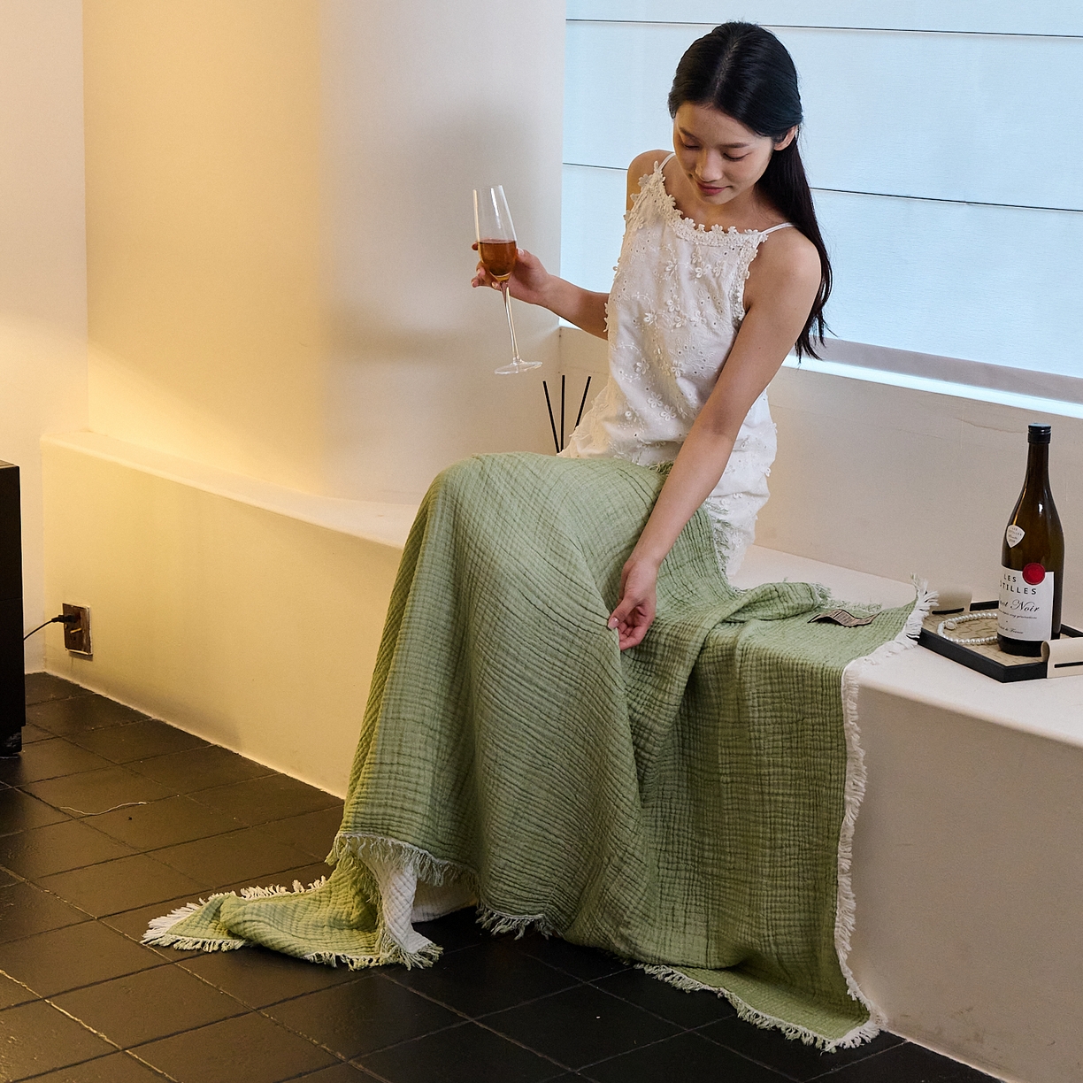 91家纺网 家纺一手货源 找家纺 沐瑟家纺 2025新款四层全棉纱布流苏毯系列-浪漫 浪漫-果绿