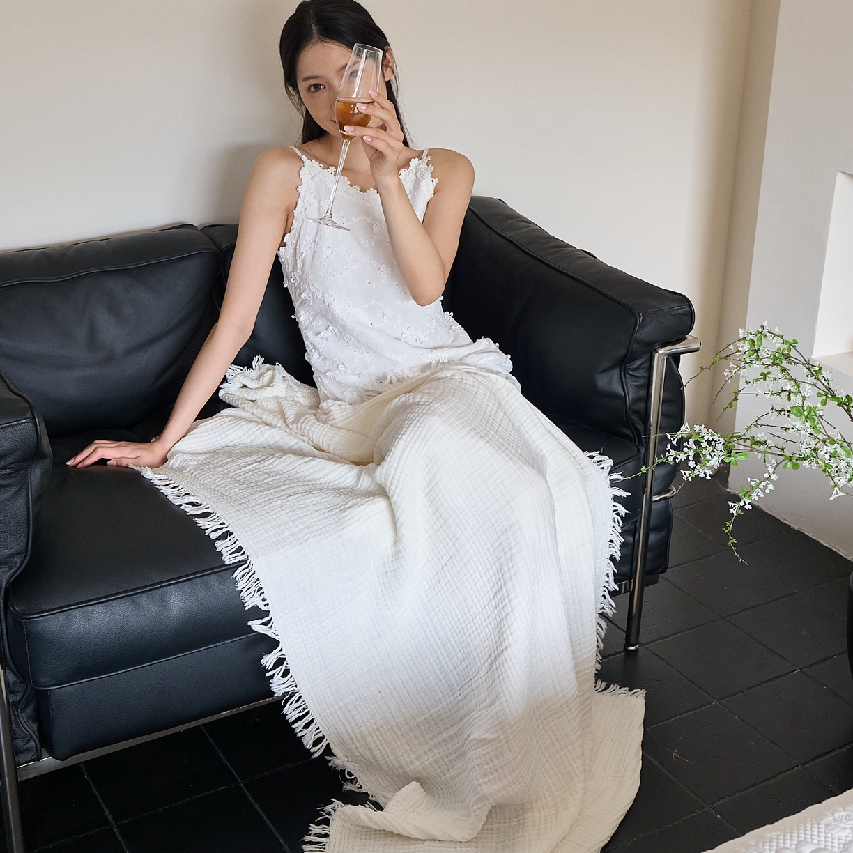 91家纺网 家纺一手货源 找家纺 沐瑟家纺 2025新款四层全棉纱布流苏毯系列-浪漫 浪漫-月白