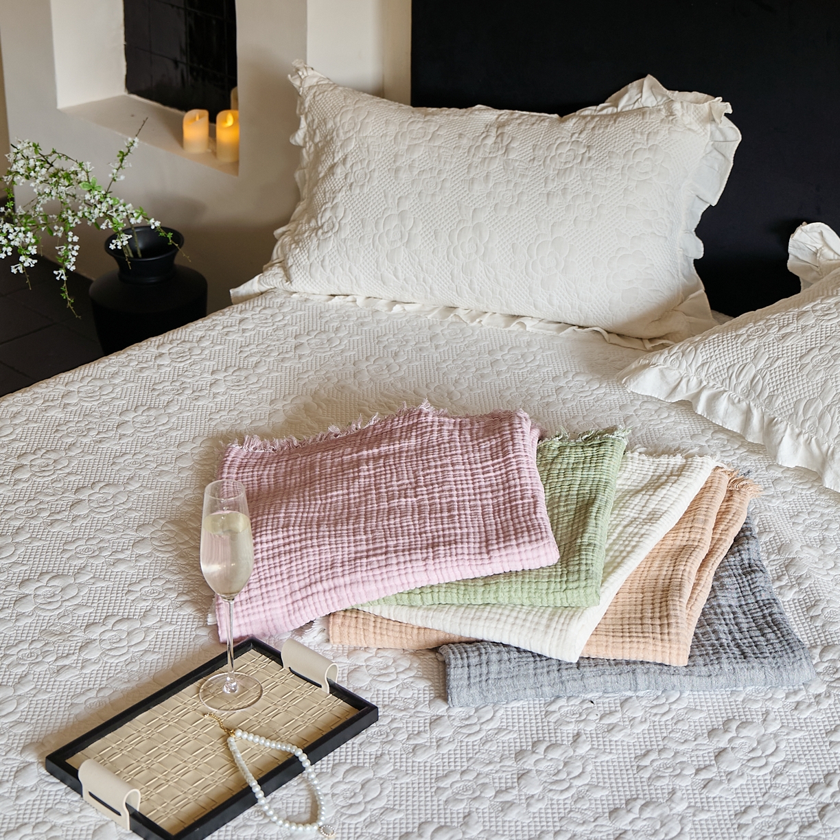 91家纺网 家纺一手货源 找家纺 沐瑟家纺 2025新款四层全棉纱布流苏毯系列-浪漫 组合图