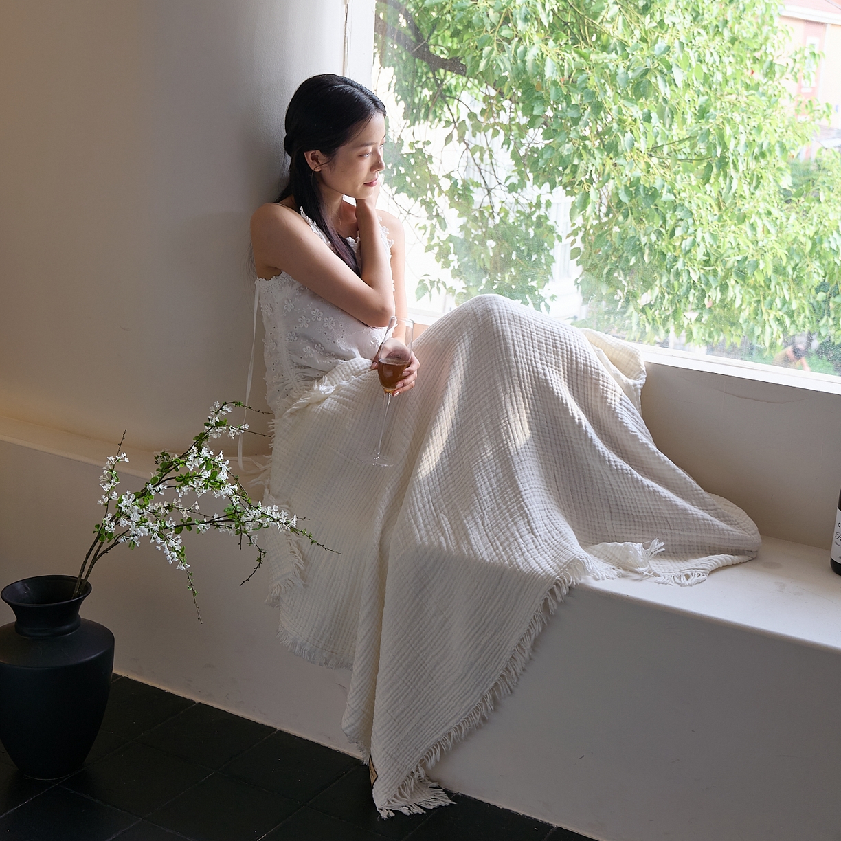 沐瑟家纺 2025新款四层全棉纱布流苏毯系列-浪漫 浪漫-月白