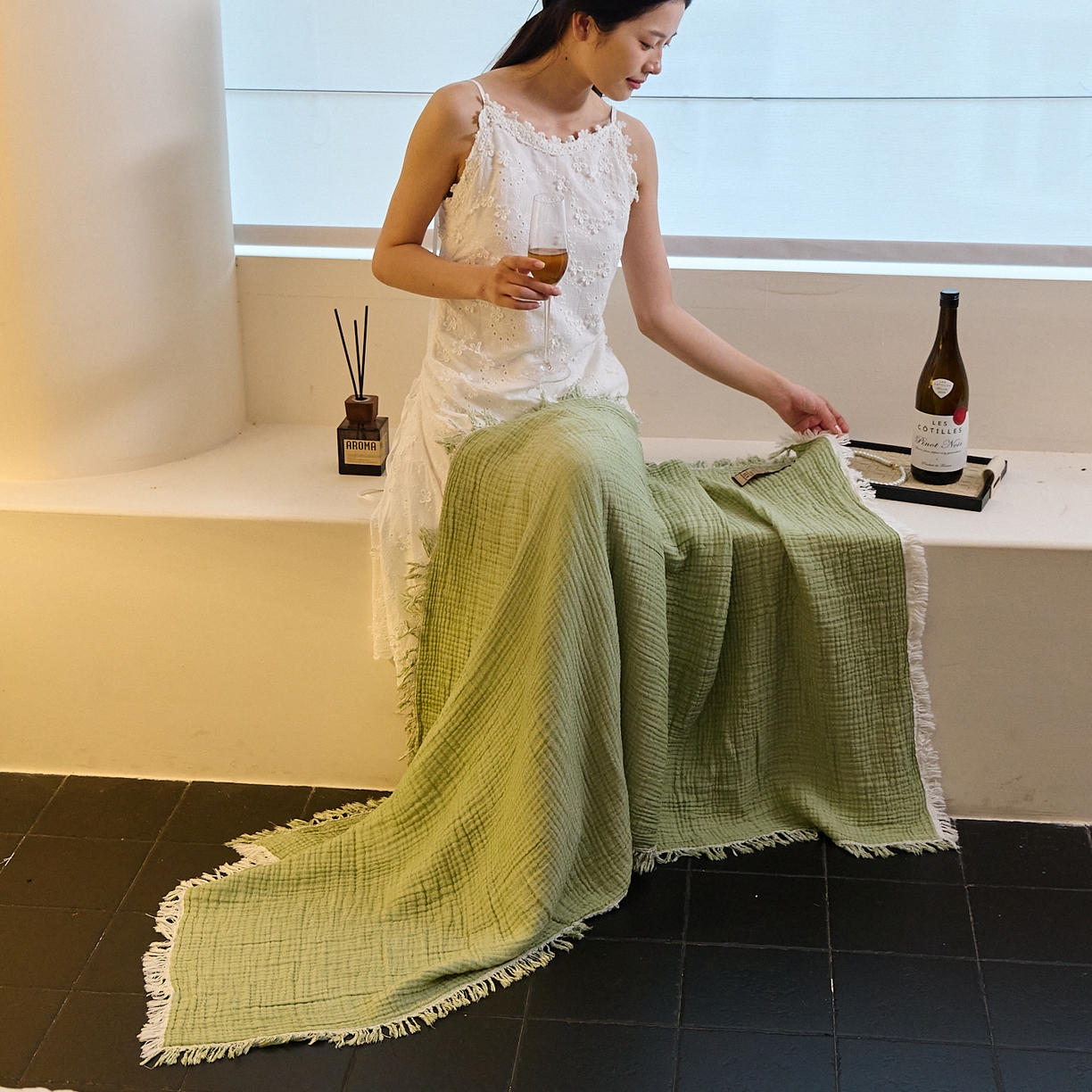 91家纺网 家纺一手货源 找家纺 沐瑟家纺 2025新款四层全棉纱布流苏毯系列-浪漫 浪漫-果绿