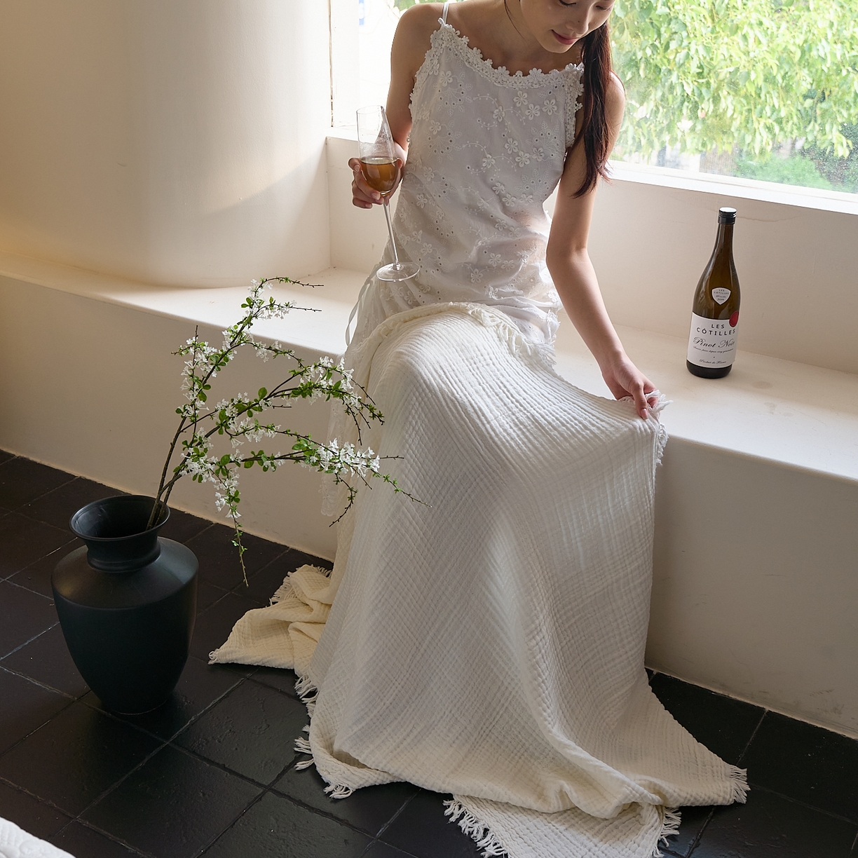 91家纺网 家纺一手货源 找家纺 沐瑟家纺 2025新款四层全棉纱布流苏毯系列-浪漫 浪漫-月白