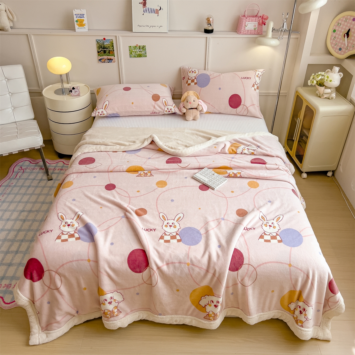 91家纺网 家纺一手货源 找家纺 慕木家纺 2025新款高克重印花牛奶绒云锦绒双层毛毯毛毯毯子（可供跨境提供买家秀） 双层毛毯-兔狗盟约+白