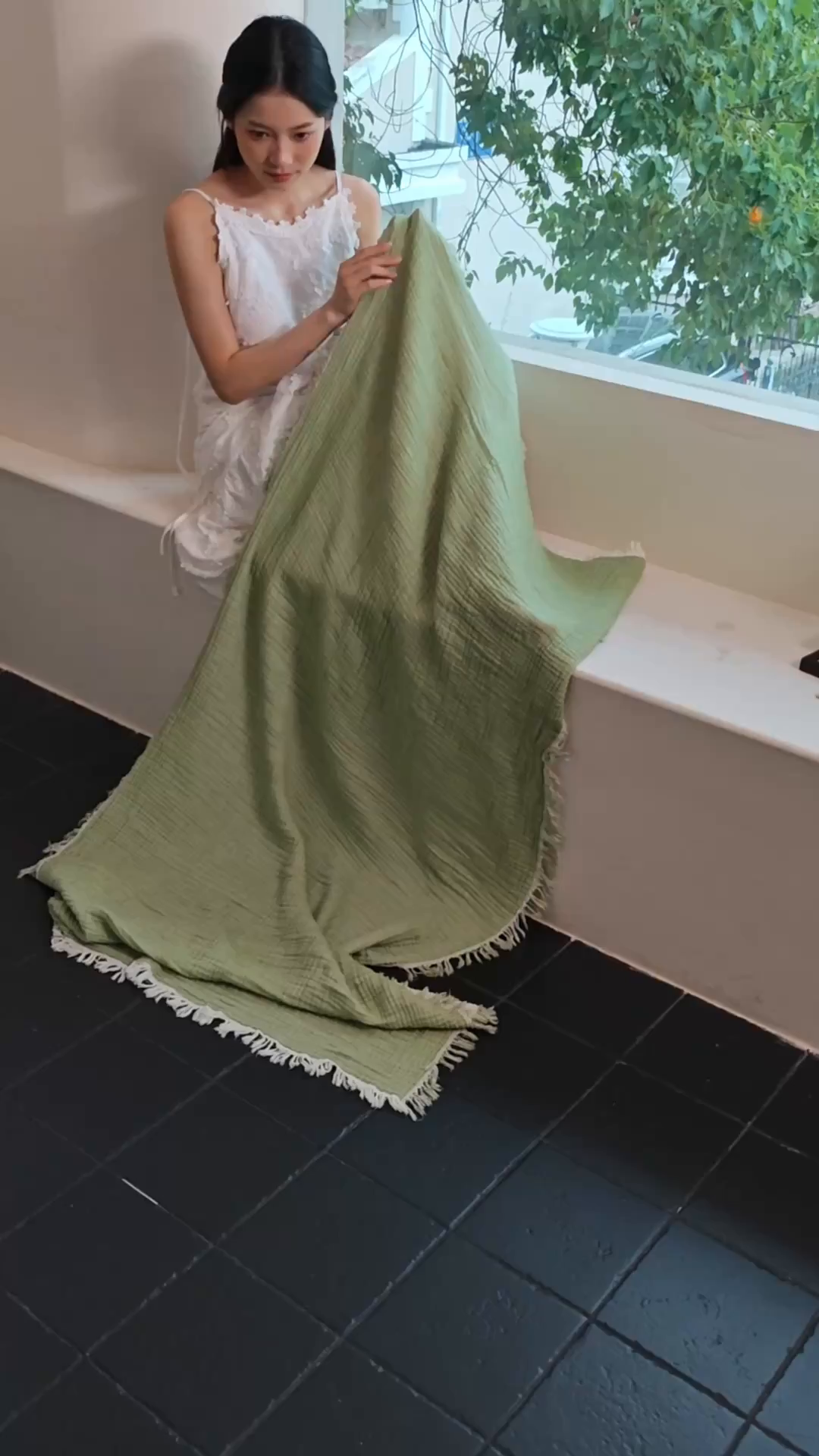 91家纺网 家纺一手货源 找家纺 沐瑟家纺 2025新款四层全棉纱布流苏毯系列-浪漫 浪漫-果绿