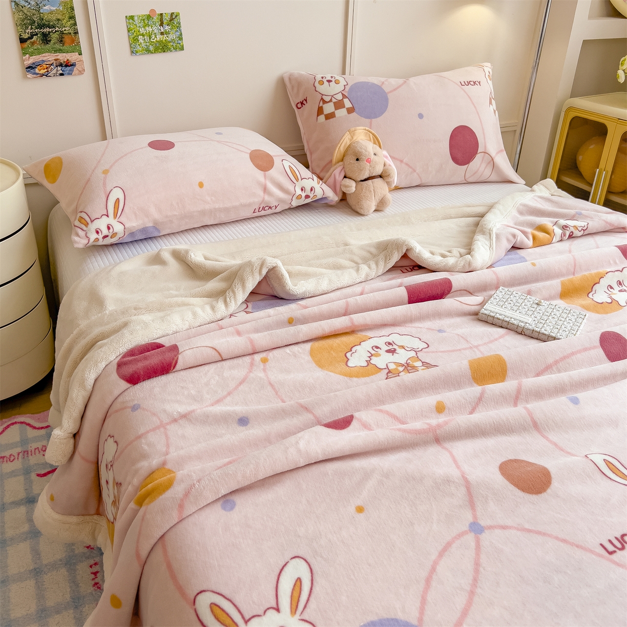 91家纺网 家纺一手货源 找家纺 慕木家纺 2025新款高克重印花牛奶绒云锦绒双层毛毯毛毯毯子（可供跨境提供买家秀） 双层毛毯-兔狗盟约+白