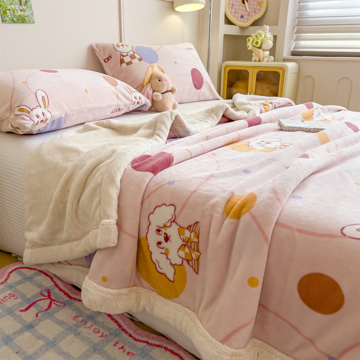 91家纺网 家纺一手货源 找家纺 慕木家纺 2025新款高克重印花牛奶绒云锦绒双层毛毯毛毯毯子（可供跨境提供买家秀） 双层毛毯-兔狗盟约+白