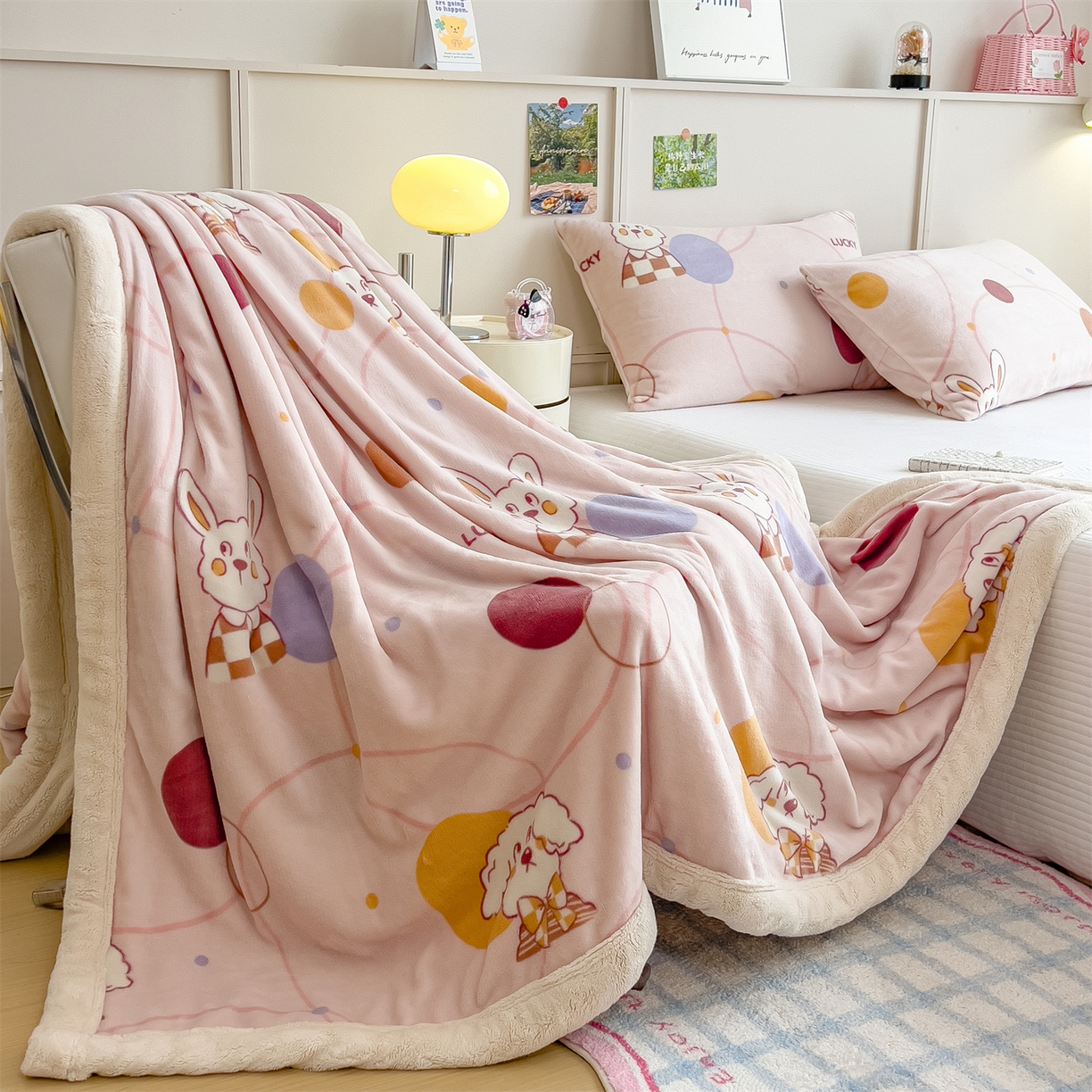 91家纺网 家纺一手货源 找家纺 慕木家纺 2025新款高克重印花牛奶绒云锦绒双层毛毯毛毯毯子（可供跨境提供买家秀） 双层毛毯-兔狗盟约+白