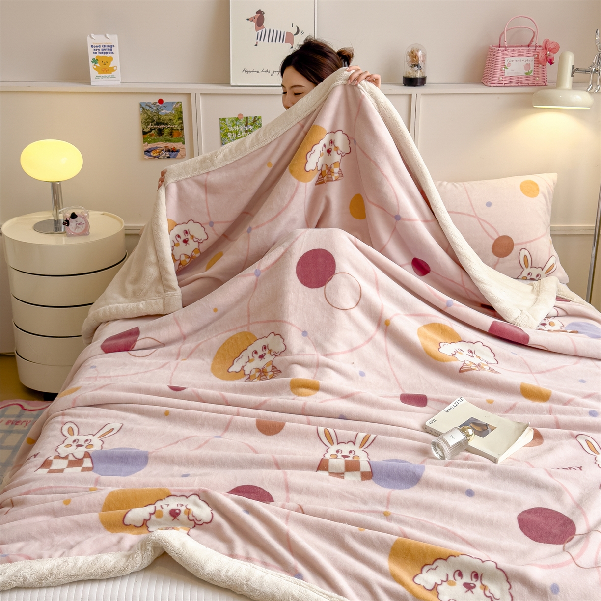 91家纺网 家纺一手货源 找家纺 慕木家纺 2025新款高克重印花牛奶绒云锦绒双层毛毯毛毯毯子（可供跨境提供买家秀） 双层毛毯-兔狗盟约+白