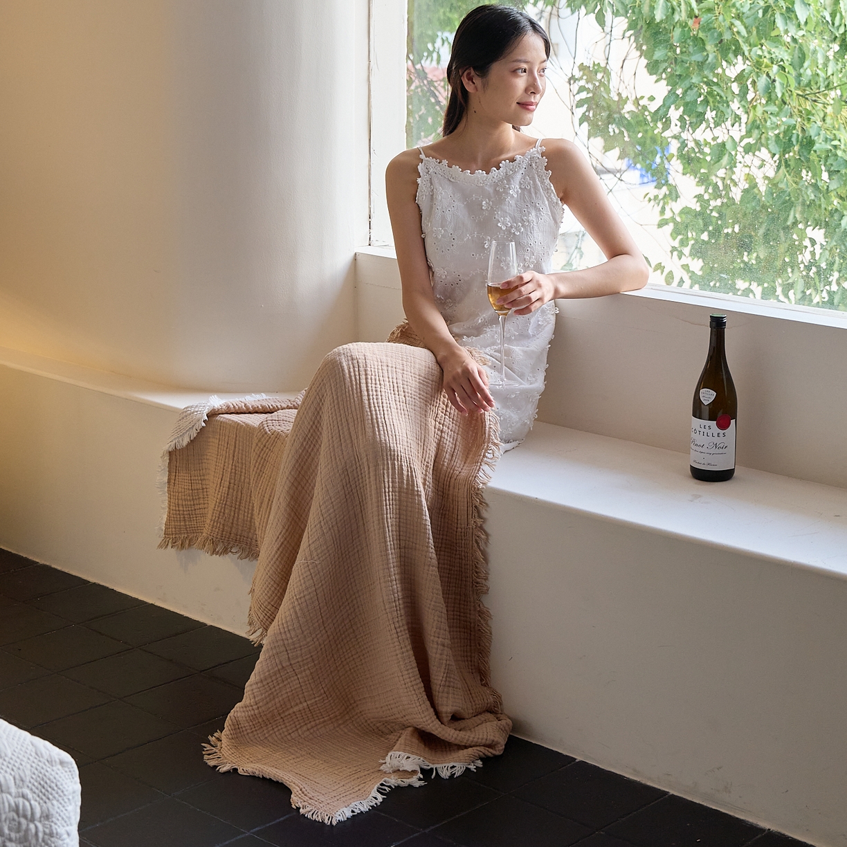 沐瑟家纺 2025新款四层全棉纱布流苏毯系列-浪漫 浪漫-焦糖色