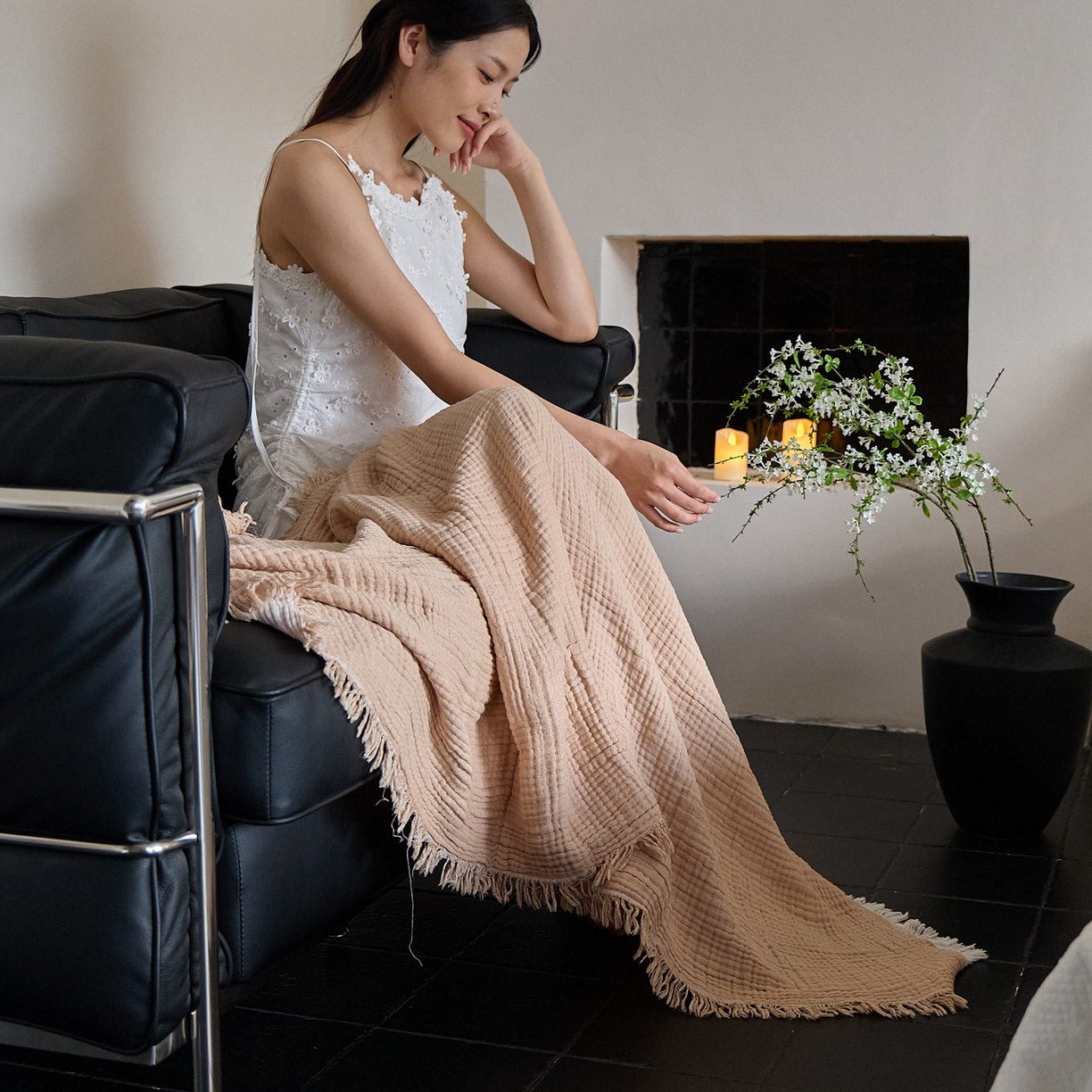 91家纺网 家纺一手货源 找家纺 沐瑟家纺 2025新款四层全棉纱布流苏毯系列-浪漫 浪漫-焦糖色