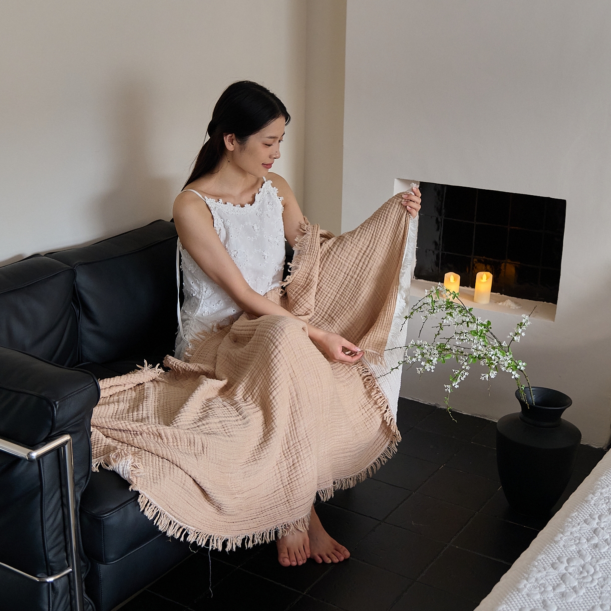 91家纺网 家纺一手货源 找家纺 沐瑟家纺 2025新款四层全棉纱布流苏毯系列-浪漫 浪漫-焦糖色