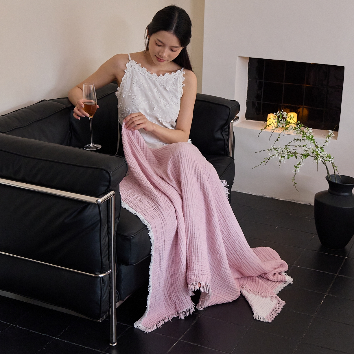 91家纺网 家纺一手货源 找家纺 沐瑟家纺 2025新款四层全棉纱布流苏毯系列-浪漫 浪漫-樱粉