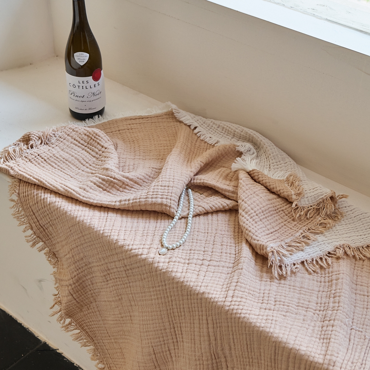 91家纺网 家纺一手货源 找家纺 沐瑟家纺 2025新款四层全棉纱布流苏毯系列-浪漫 浪漫-焦糖色