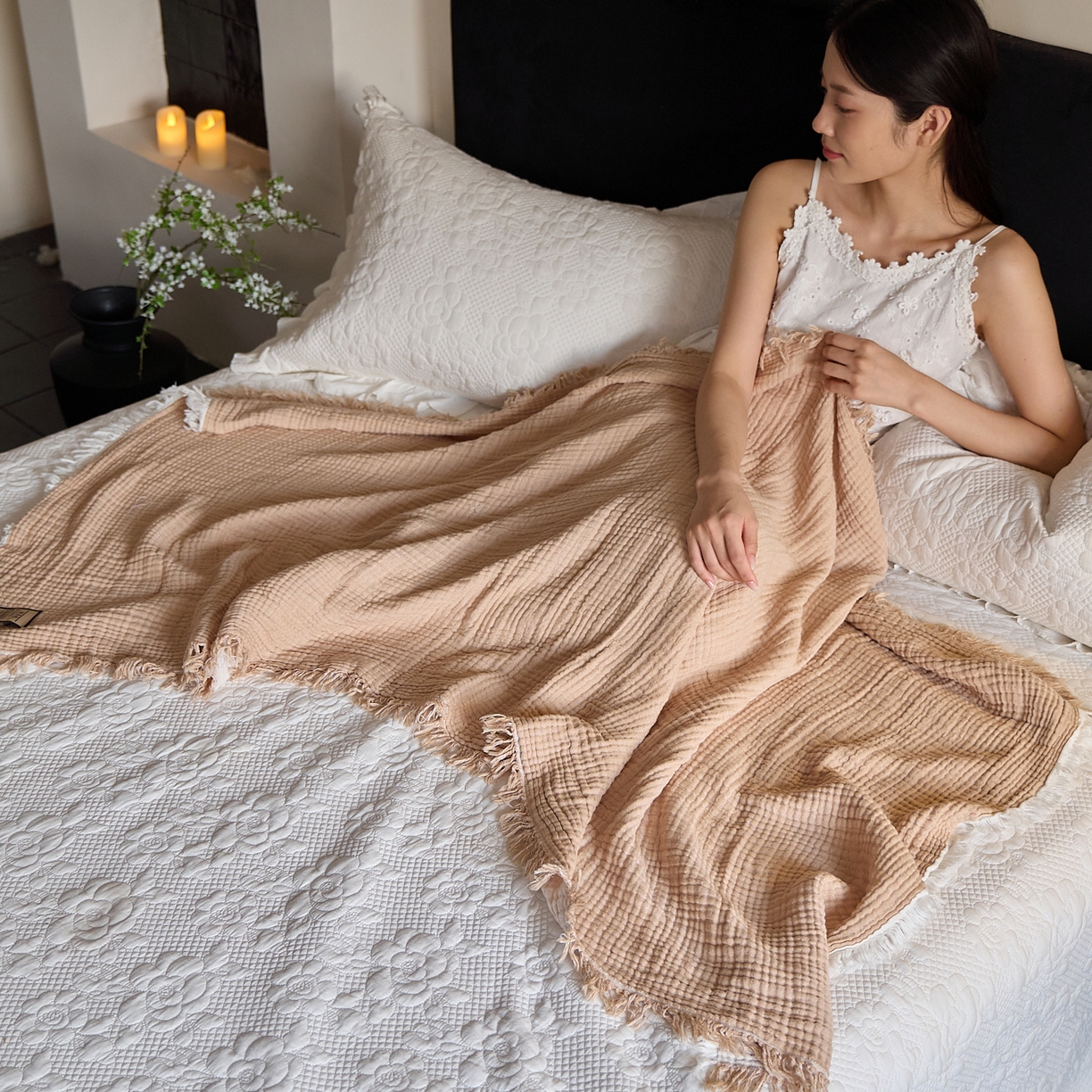 91家纺网 家纺一手货源 找家纺 沐瑟家纺 2025新款四层全棉纱布流苏毯系列-浪漫 浪漫-焦糖色