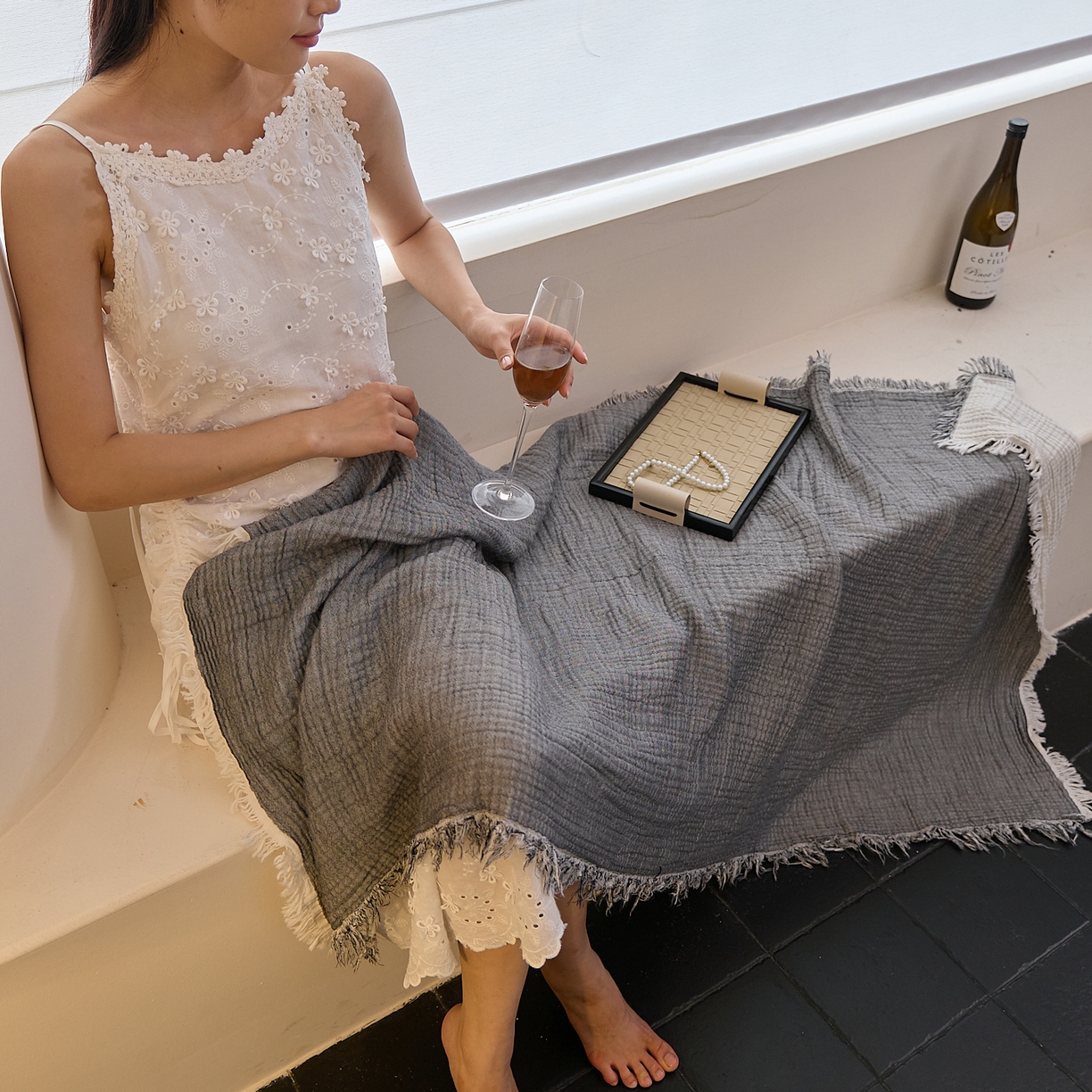 91家纺网 家纺一手货源 找家纺 沐瑟家纺 2025新款四层全棉纱布流苏毯系列-浪漫 浪漫-银灰