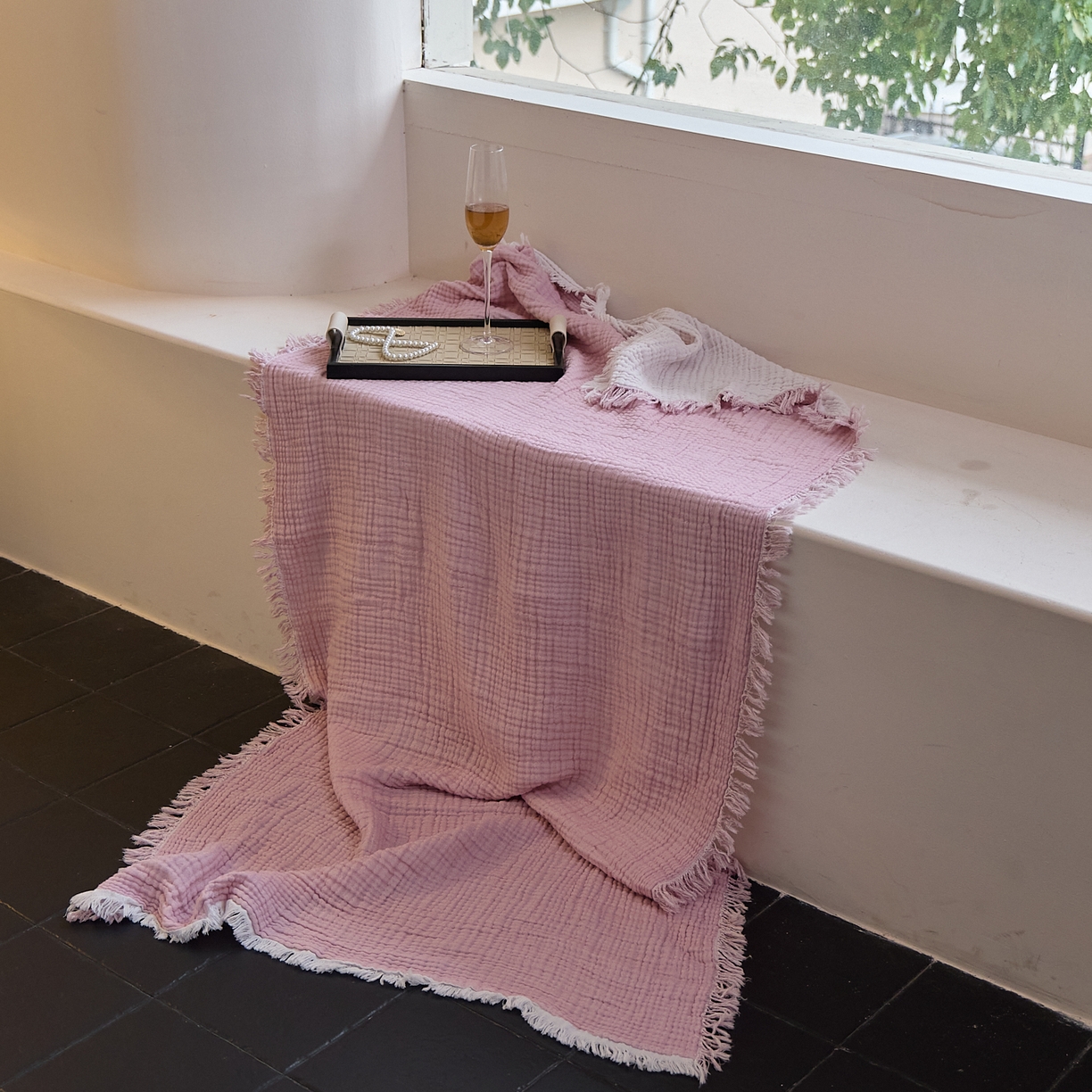 91家纺网 家纺一手货源 找家纺 沐瑟家纺 2025新款四层全棉纱布流苏毯系列-浪漫 浪漫-樱粉