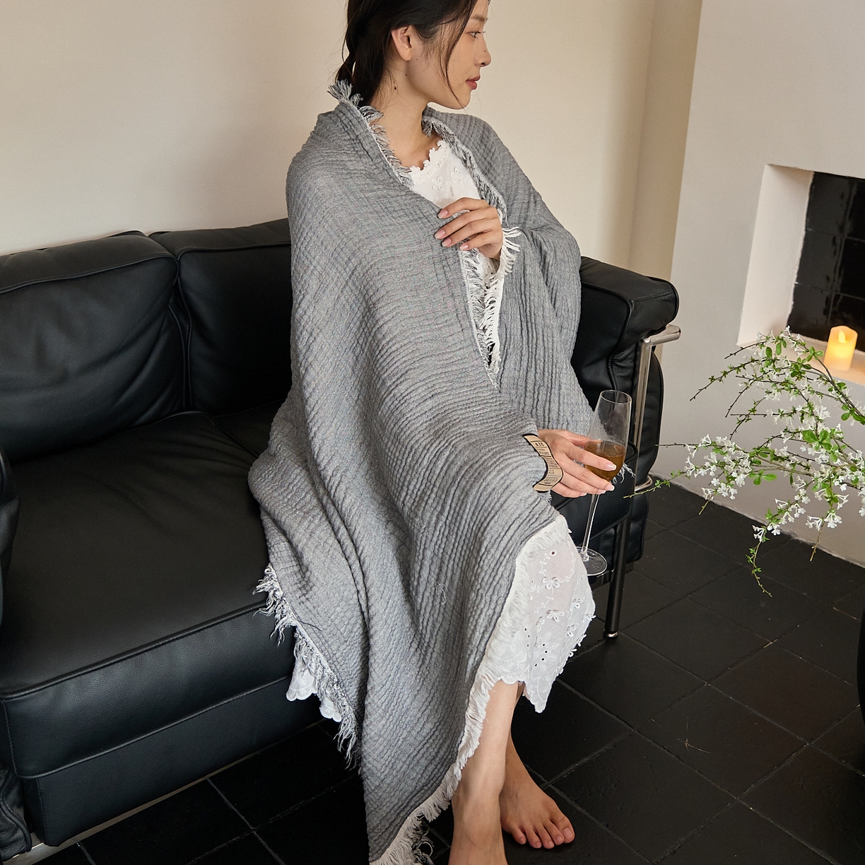 91家纺网 家纺一手货源 找家纺 沐瑟家纺 2025新款四层全棉纱布流苏毯系列-浪漫 浪漫-银灰