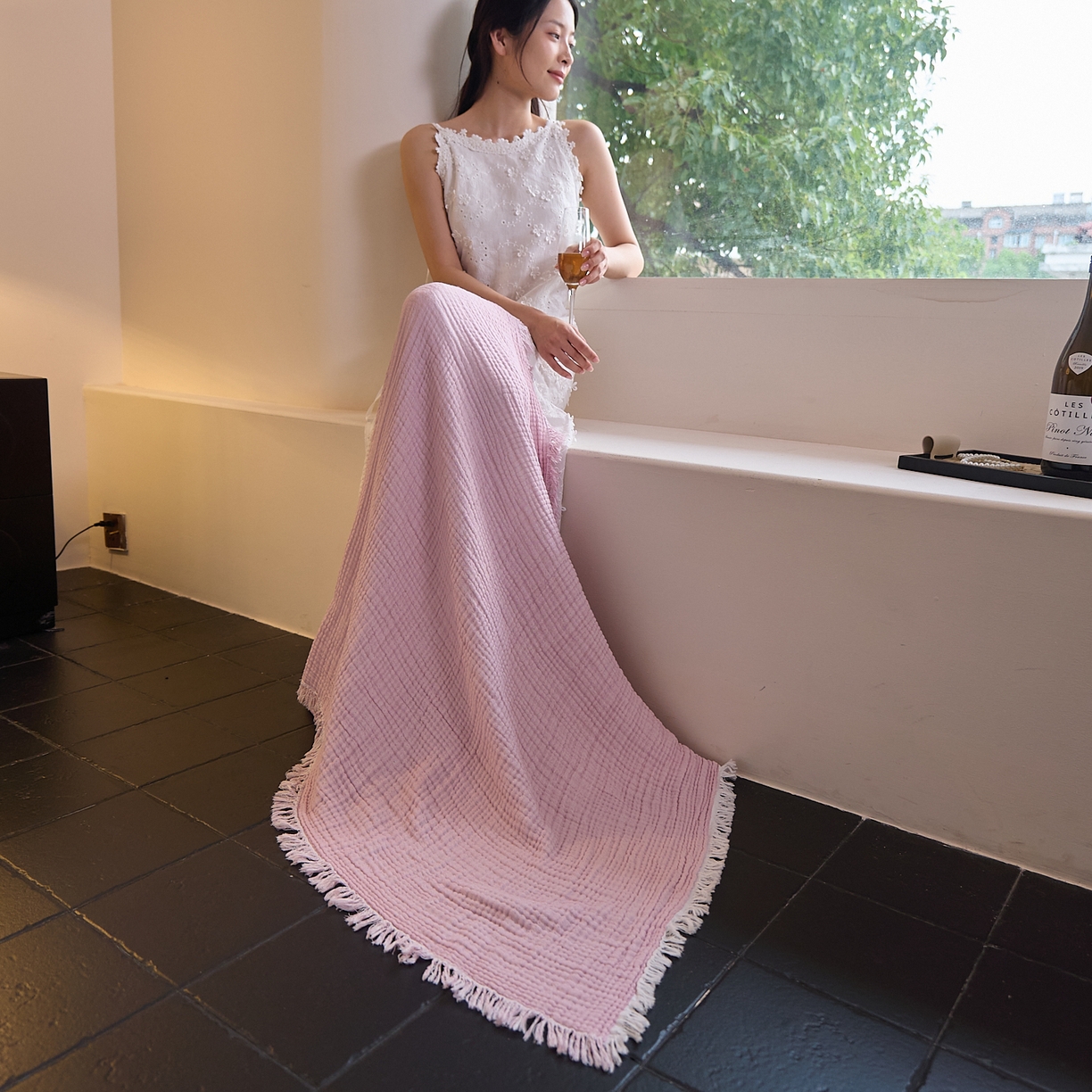 91家纺网 家纺一手货源 找家纺 沐瑟家纺 2025新款四层全棉纱布流苏毯系列-浪漫 浪漫-樱粉