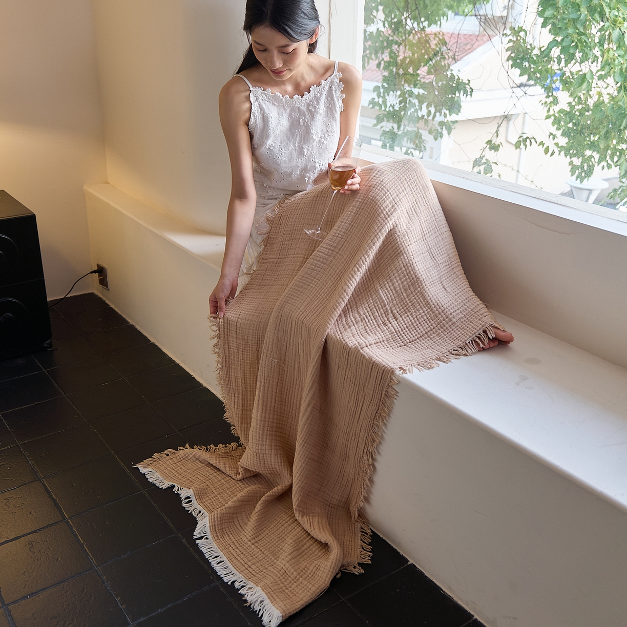 91家纺网 家纺一手货源 找家纺 沐瑟家纺 2025新款四层全棉纱布流苏毯系列-浪漫 浪漫-焦糖色