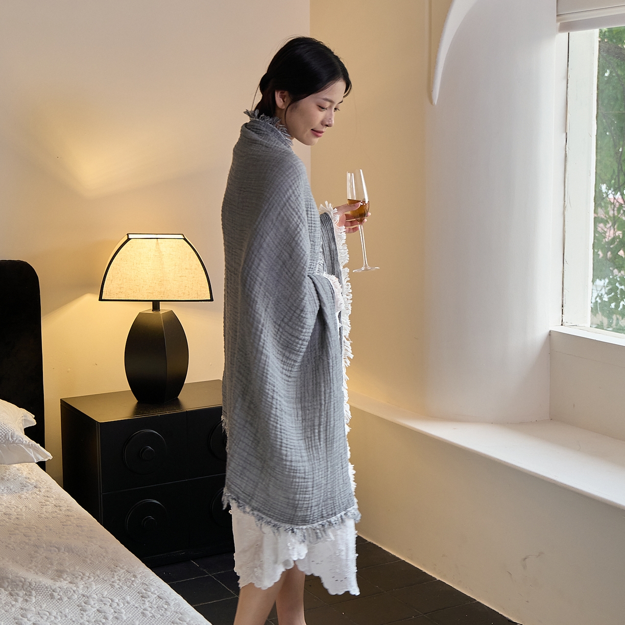 91家纺网 家纺一手货源 找家纺 沐瑟家纺 2025新款四层全棉纱布流苏毯系列-浪漫 浪漫-银灰