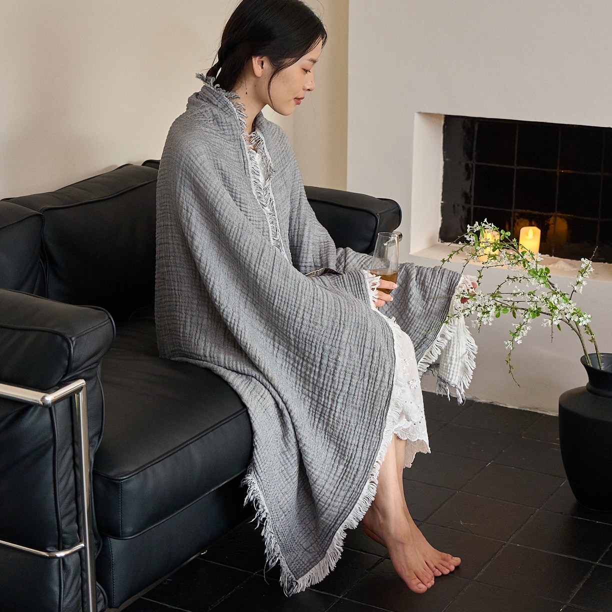 91家纺网 家纺一手货源 找家纺 沐瑟家纺 2025新款四层全棉纱布流苏毯系列-浪漫 浪漫-银灰