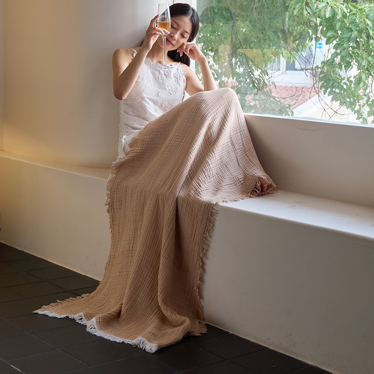 91家纺网 家纺一手货源 找家纺 沐瑟家纺 2025新款四层全棉纱布流苏毯系列-浪漫 浪漫-焦糖色