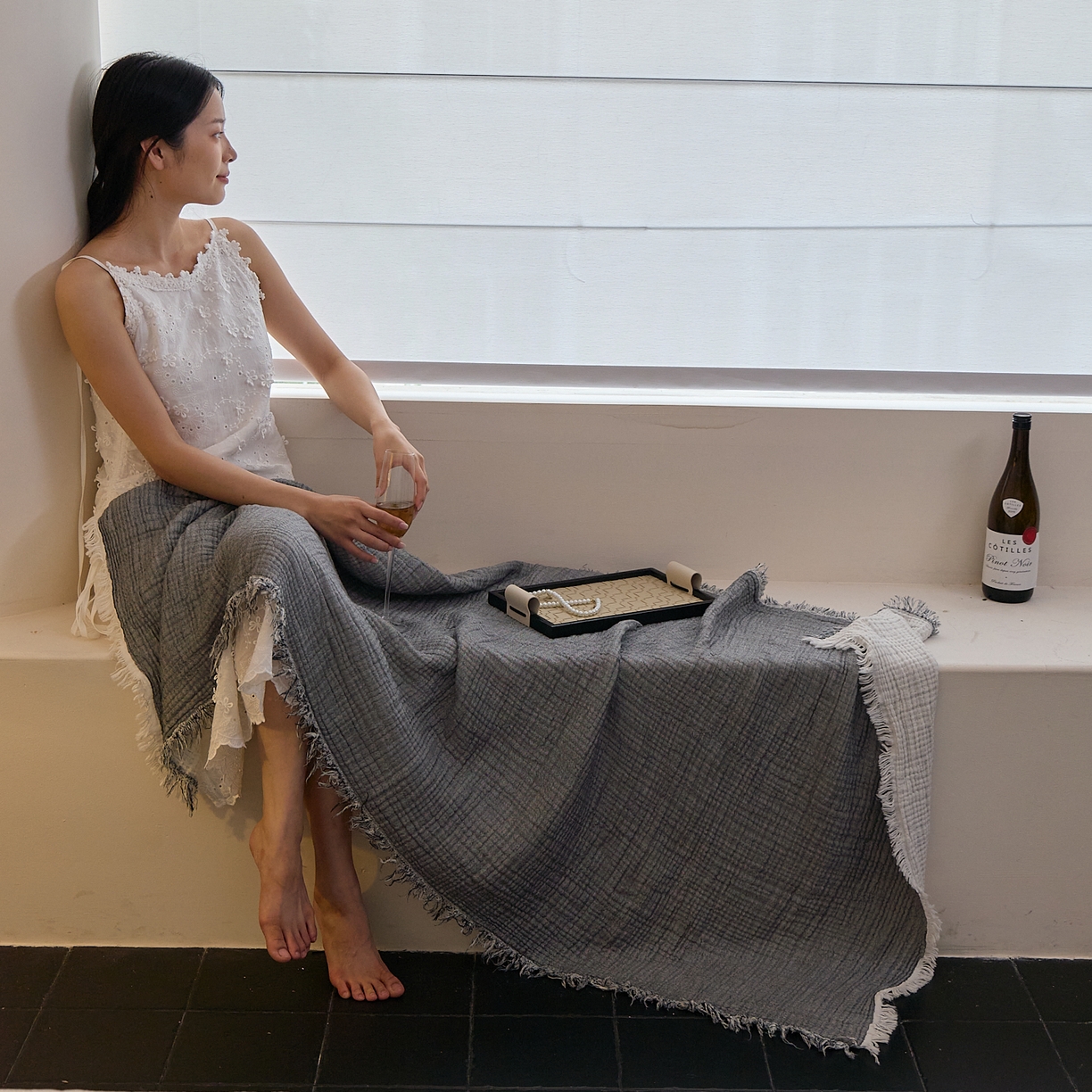 91家纺网 家纺一手货源 找家纺 沐瑟家纺 2025新款四层全棉纱布流苏毯系列-浪漫 浪漫-银灰