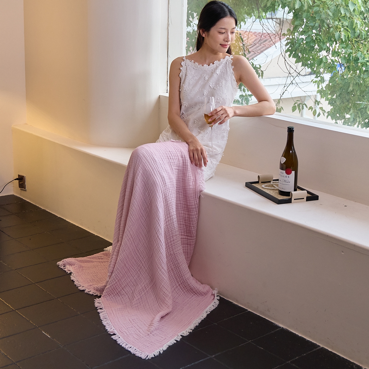 沐瑟家纺 2025新款四层全棉纱布流苏毯系列-浪漫 浪漫-樱粉