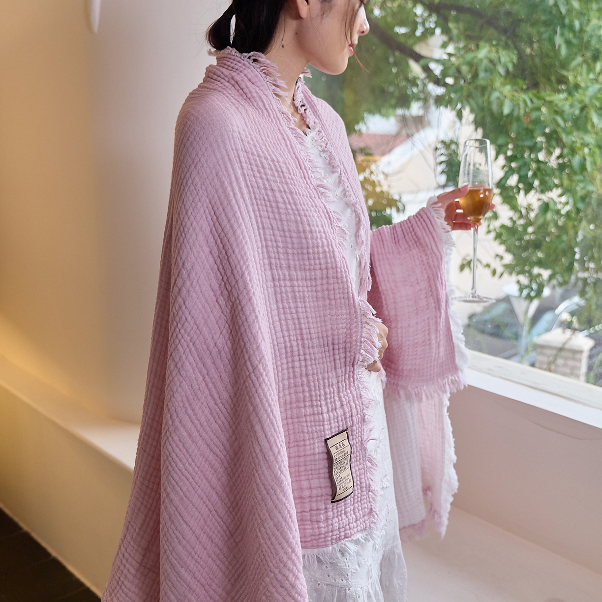 91家纺网 家纺一手货源 找家纺 沐瑟家纺 2025新款四层全棉纱布流苏毯系列-浪漫 浪漫-樱粉