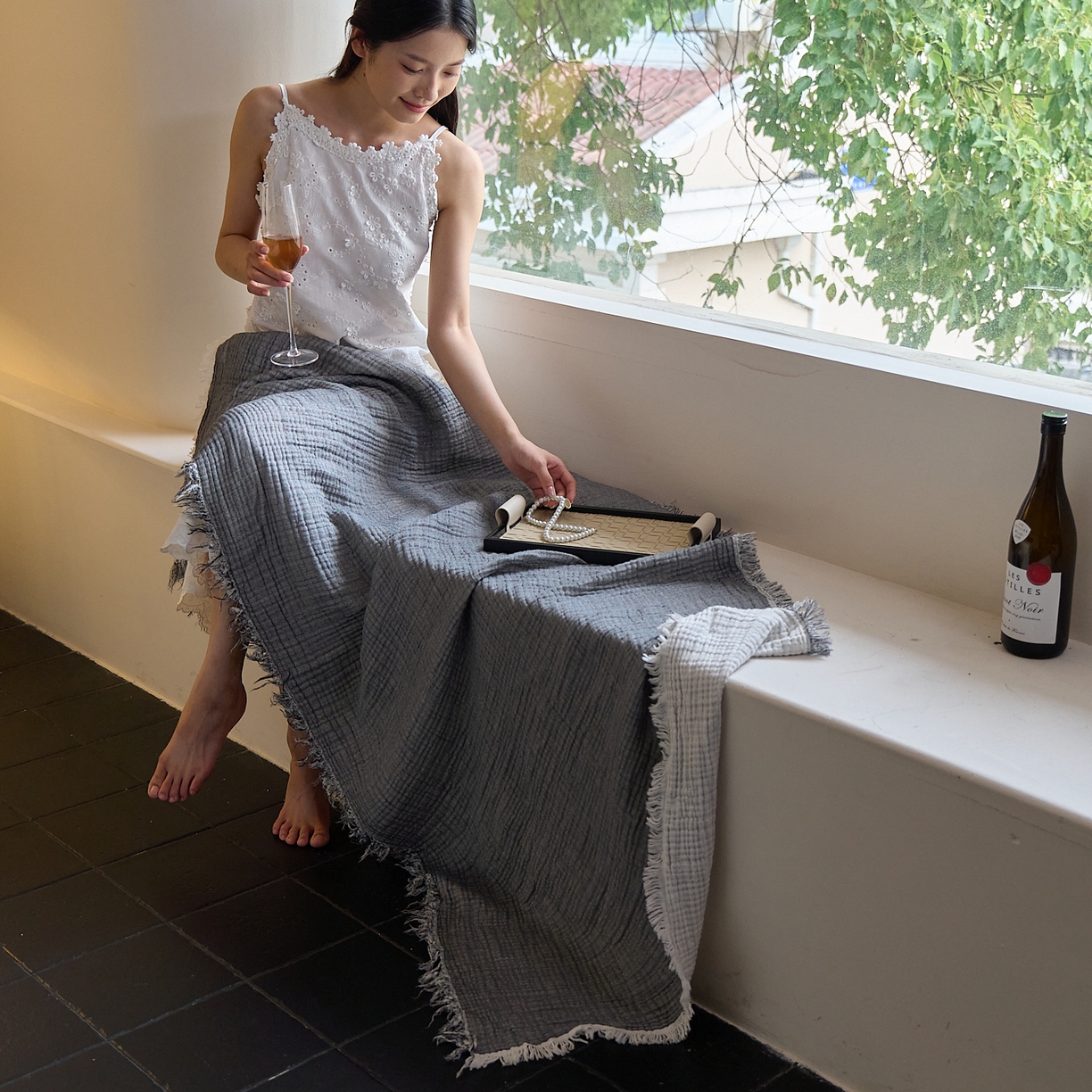 沐瑟家纺 2025新款四层全棉纱布流苏毯系列-浪漫 浪漫-银灰