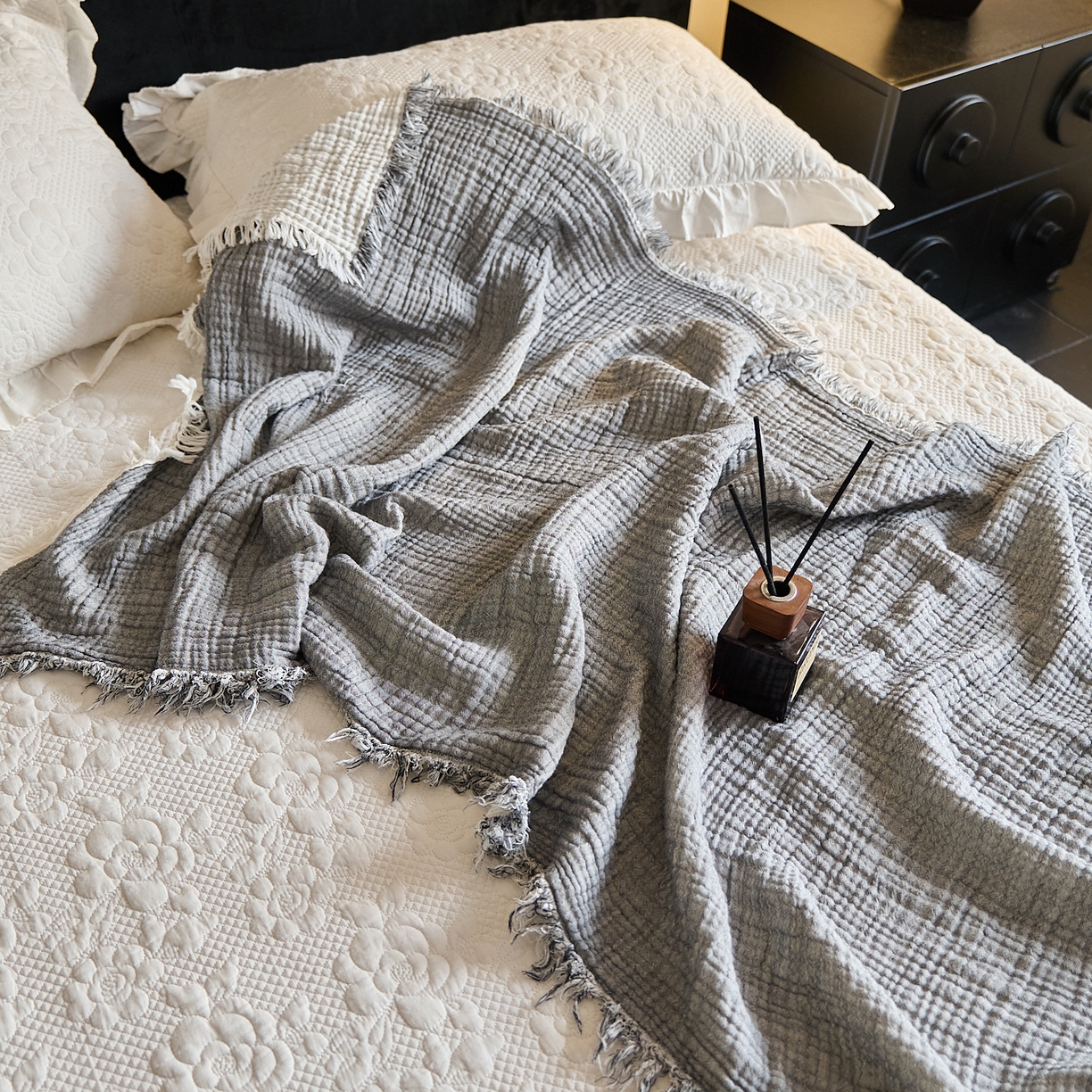 91家纺网 家纺一手货源 找家纺 沐瑟家纺 2025新款四层全棉纱布流苏毯系列-浪漫 浪漫-银灰