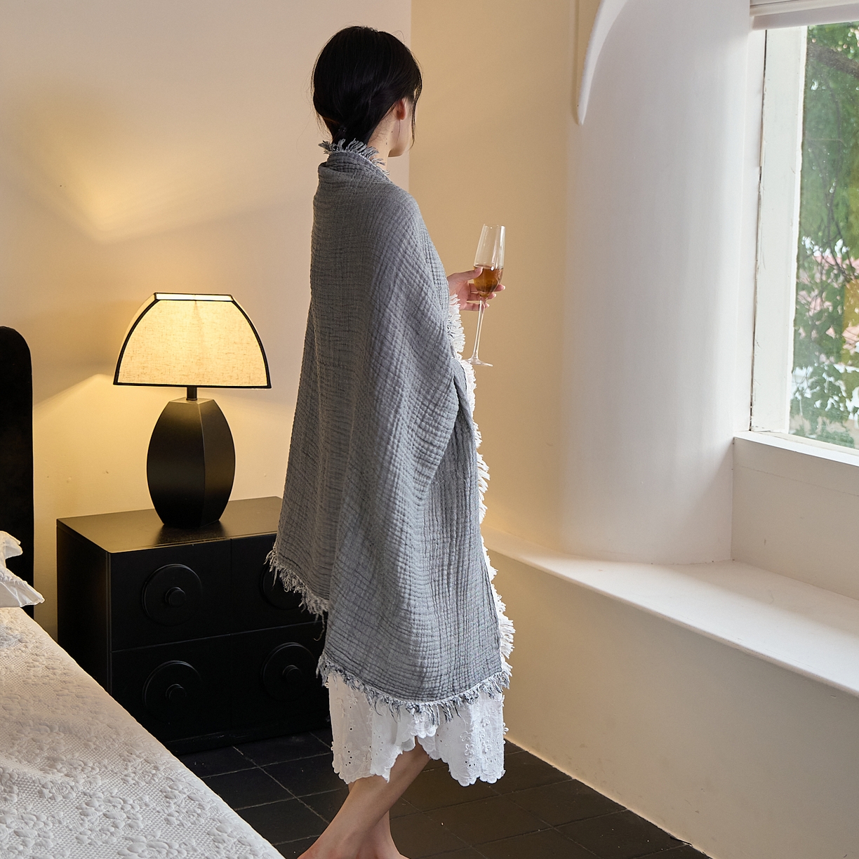 91家纺网 家纺一手货源 找家纺 沐瑟家纺 2025新款四层全棉纱布流苏毯系列-浪漫 浪漫-银灰